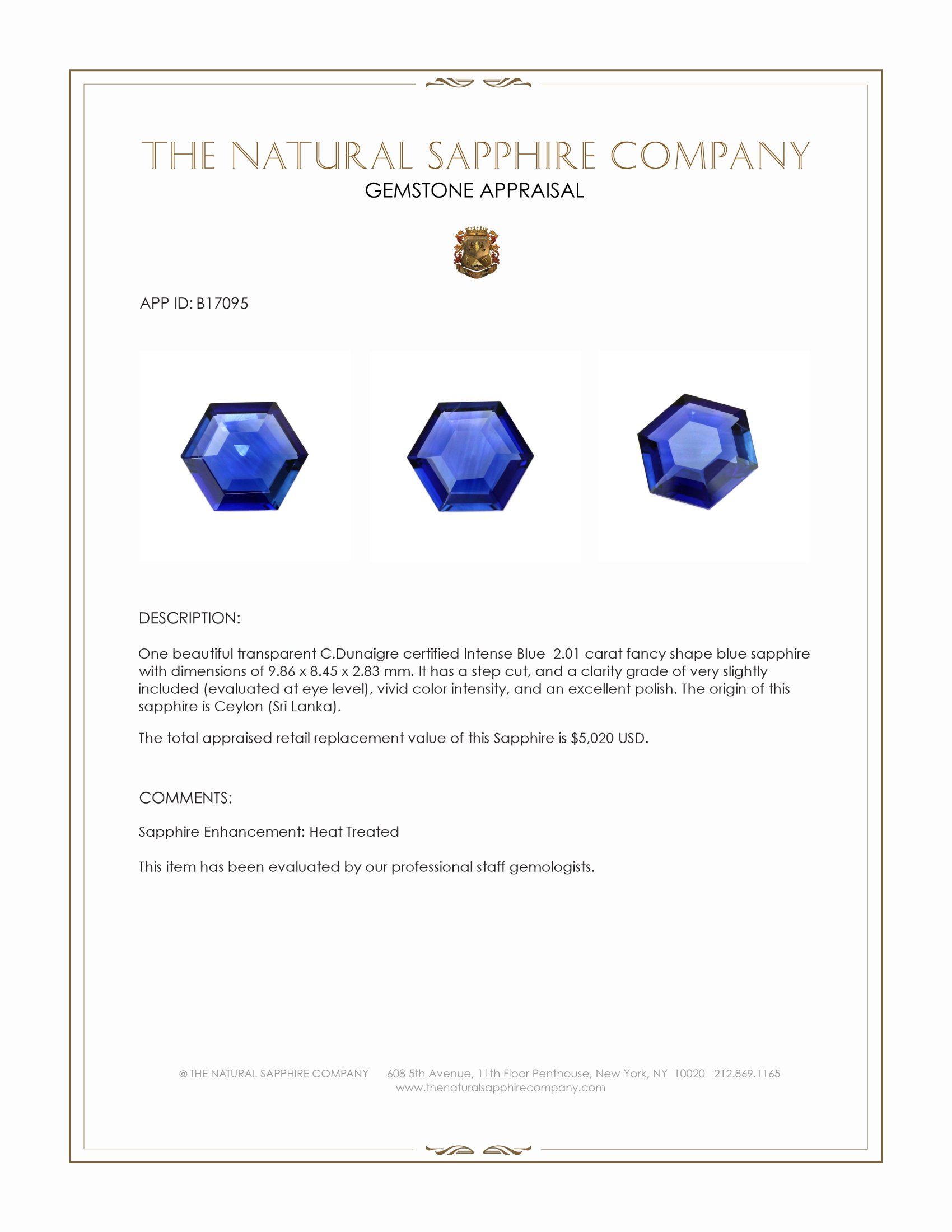 2.01 Ct. Blue Sapphire from Ceylon (Sri Lanka)