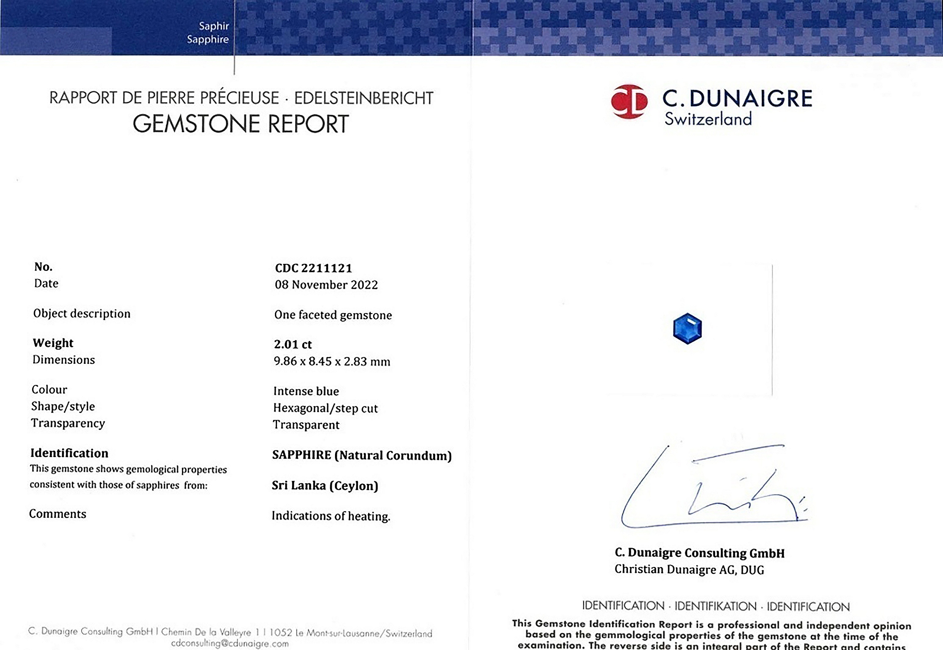 2.01 Ct. Blue Sapphire from Ceylon (Sri Lanka)