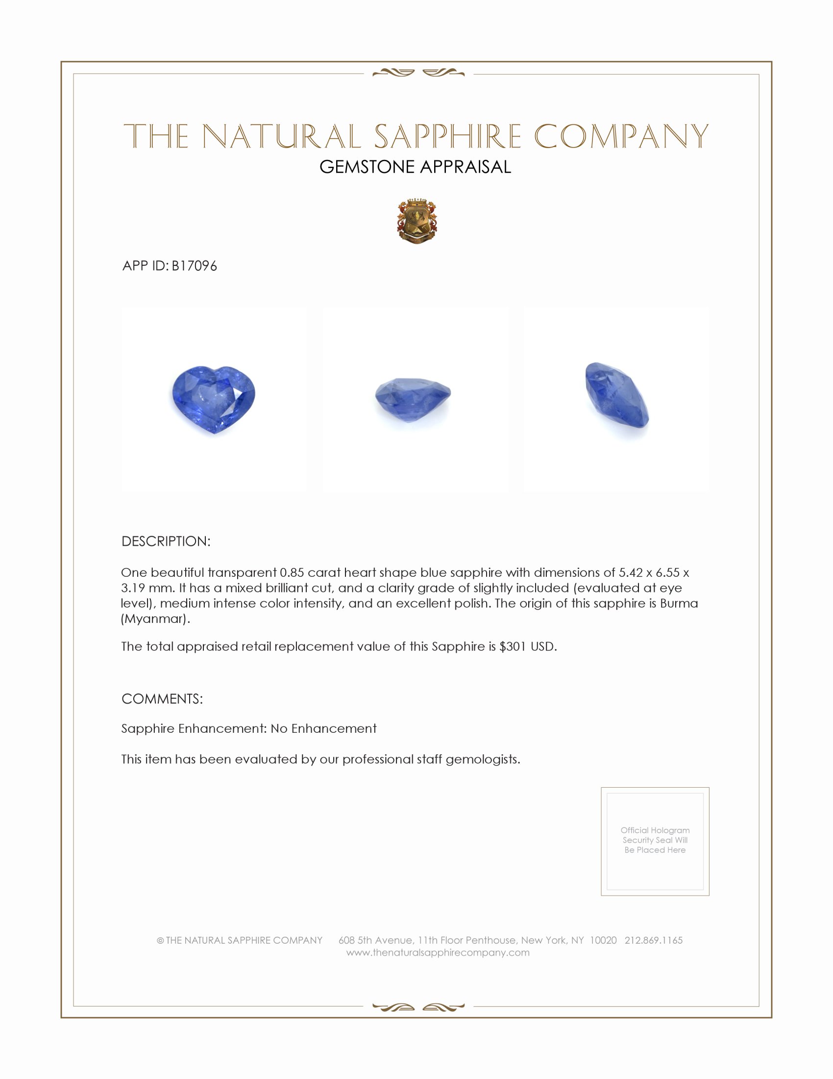 0.85 Ct. Blue Sapphire from Burma (Myanmar)