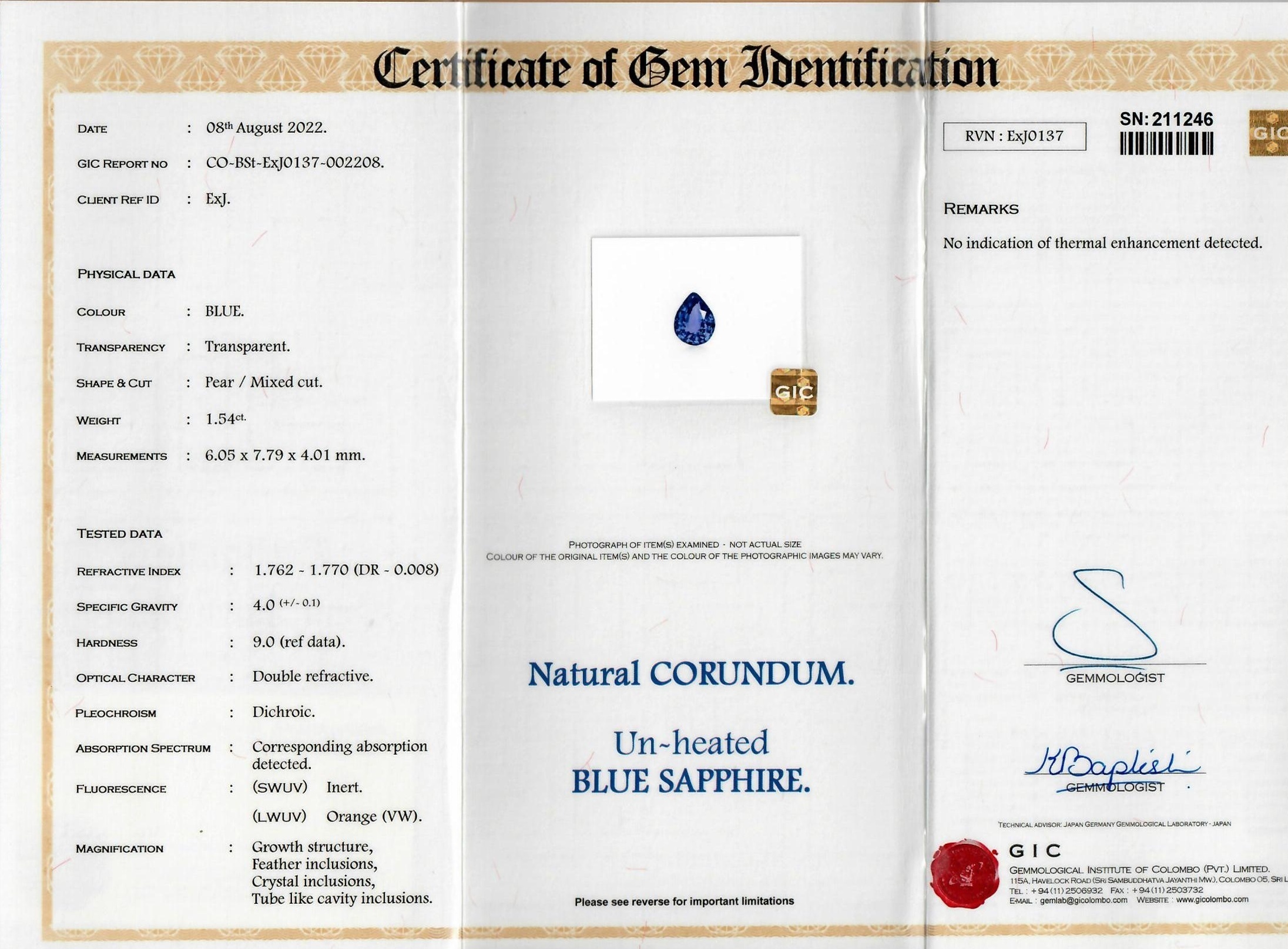 1.54 Ct. Blue Sapphire from Ceylon (Sri Lanka)