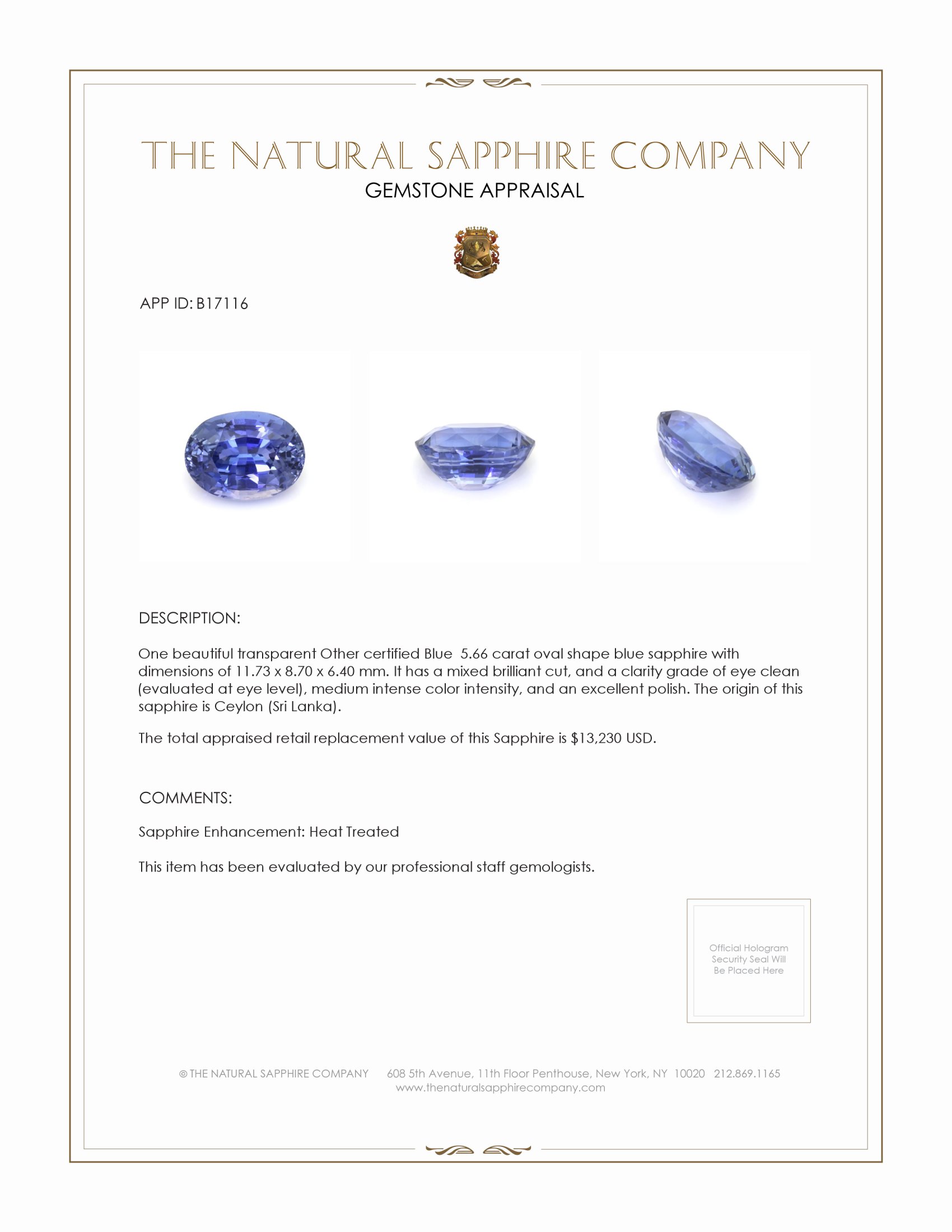 5.66 Ct. Blue Sapphire from Ceylon (Sri Lanka)