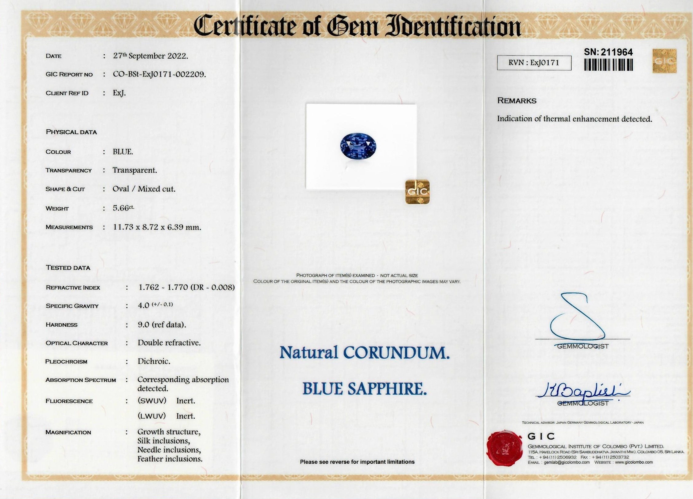 5.66 Ct. Blue Sapphire from Ceylon (Sri Lanka)