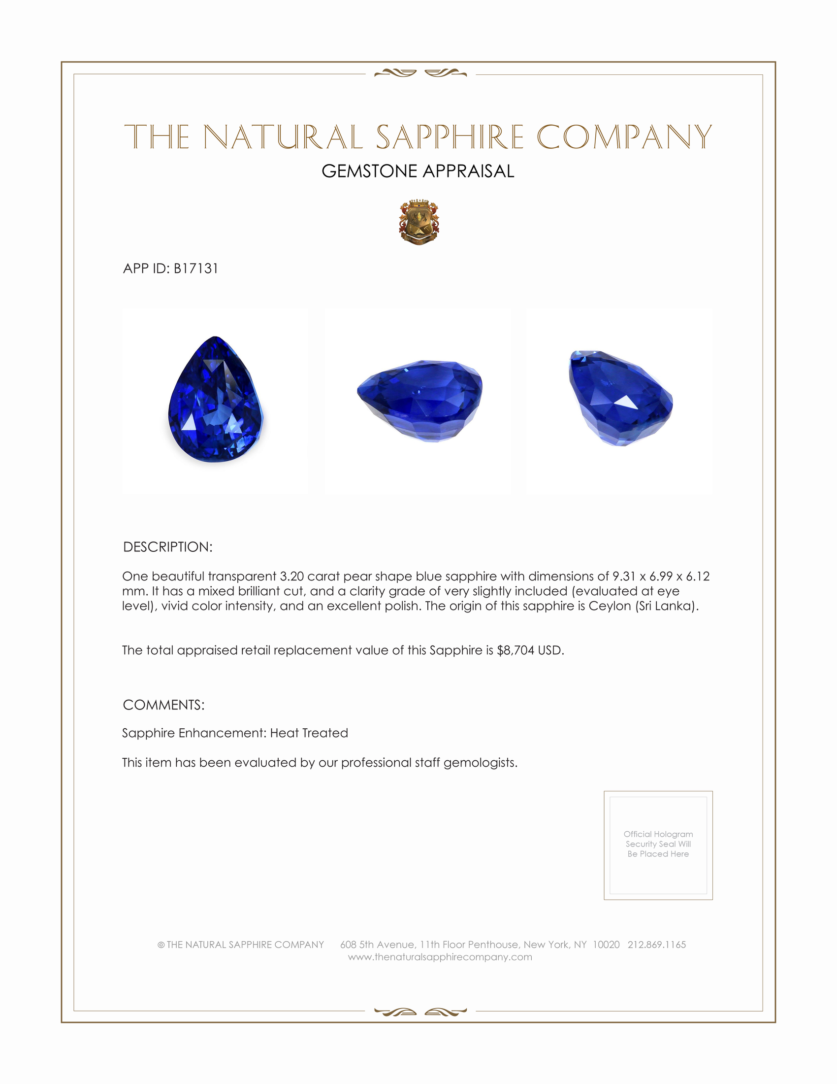3.20 Ct. Blue Sapphire from Ceylon (Sri Lanka)