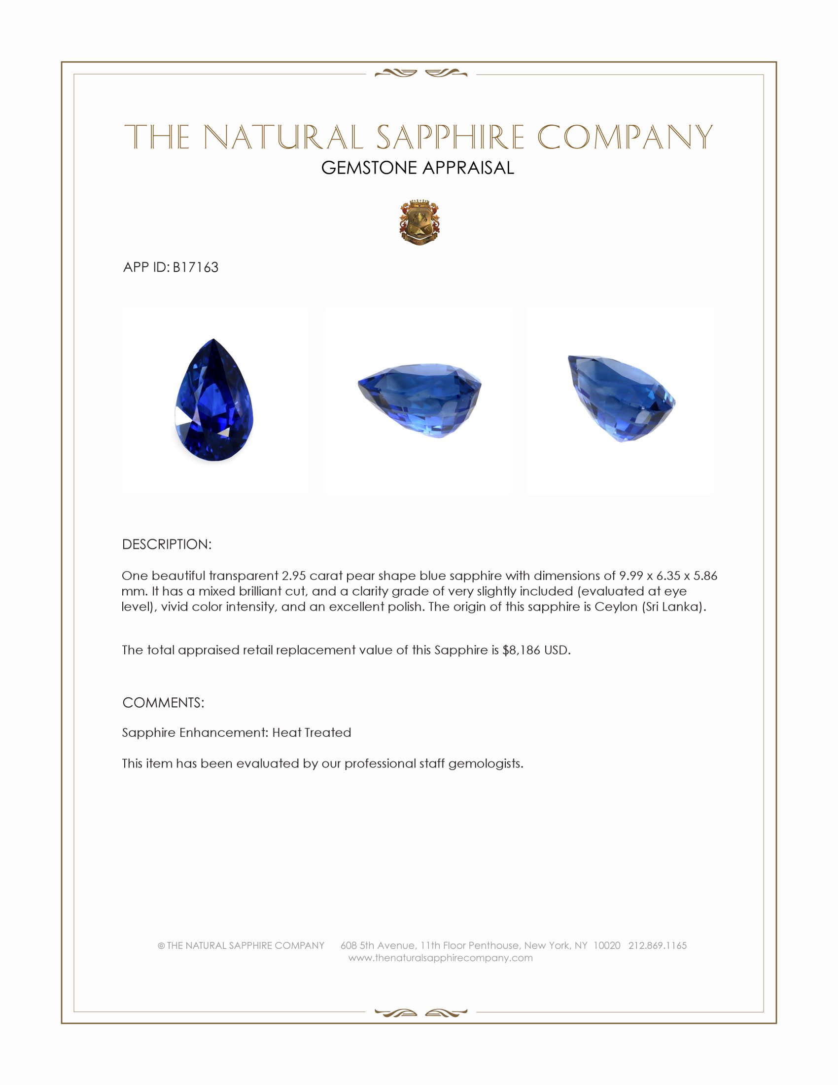 2.95 Ct. Blue Sapphire from Ceylon (Sri Lanka)