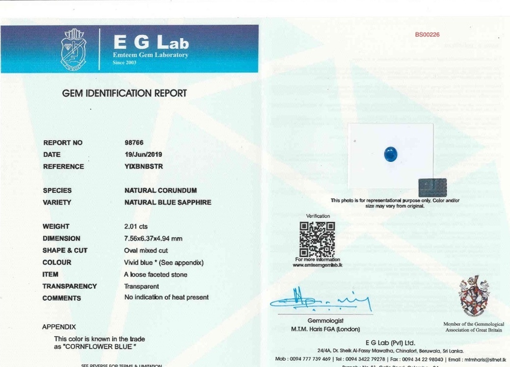 2.01 Ct. Blue Sapphire from Ceylon (Sri Lanka)