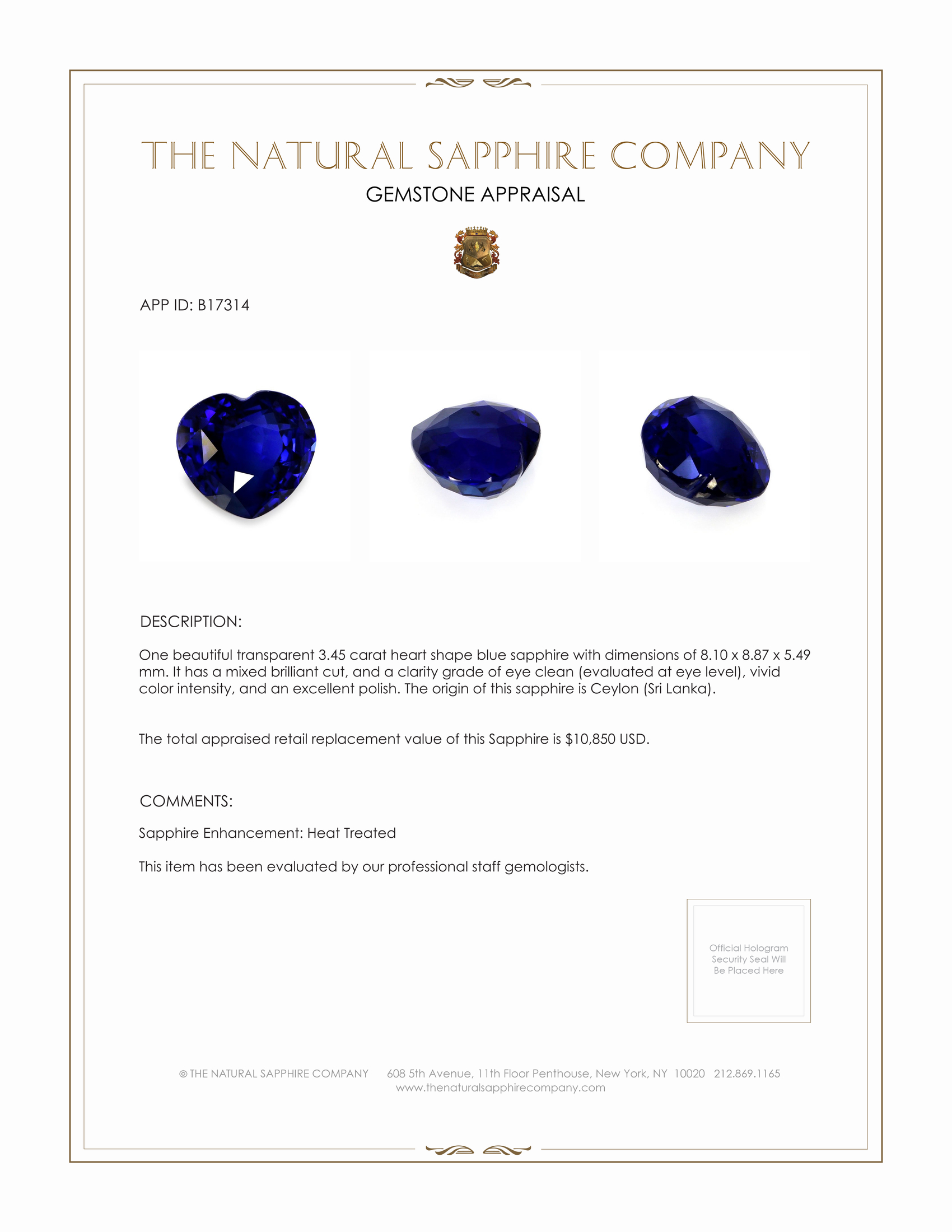 3.45 Ct. Blue Sapphire from Ceylon (Sri Lanka)