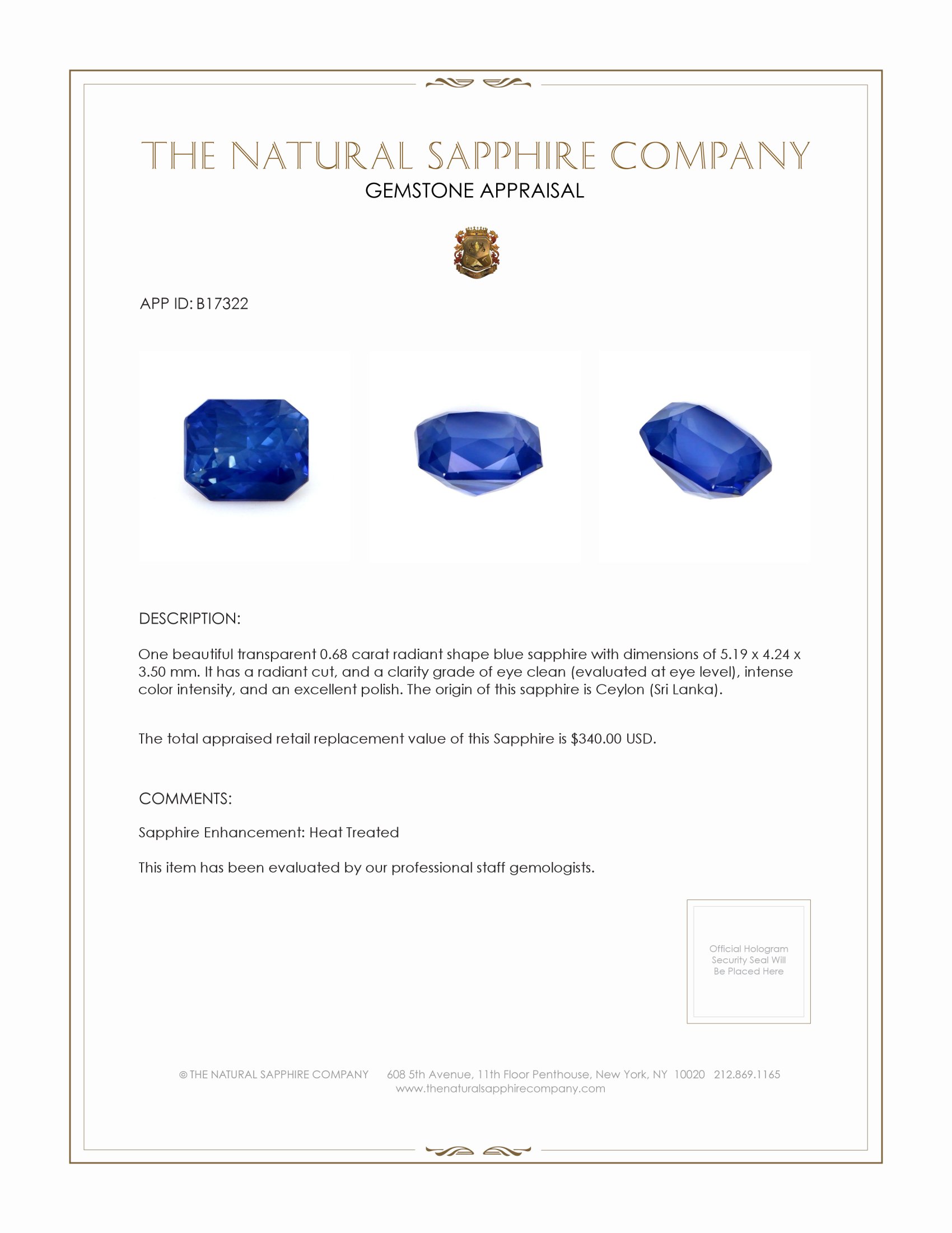0.68 Ct. Blue Sapphire from Ceylon (Sri Lanka)