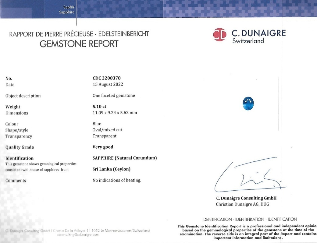 5.10 Ct. Blue Sapphire from Ceylon (Sri Lanka)