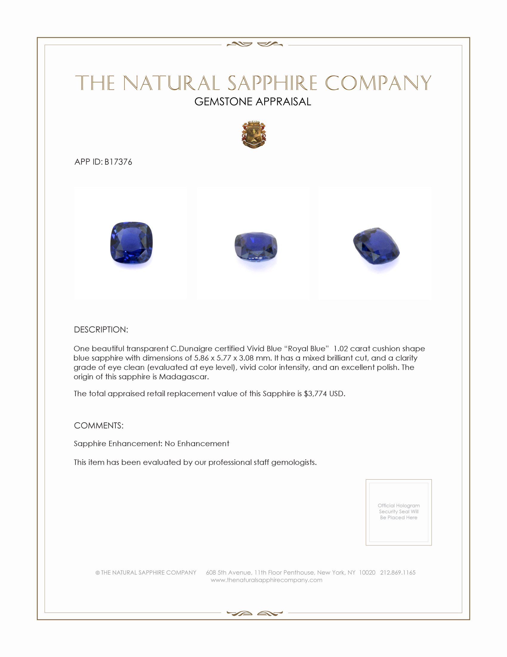 1.02 Ct. Blue Sapphire from Madagascar