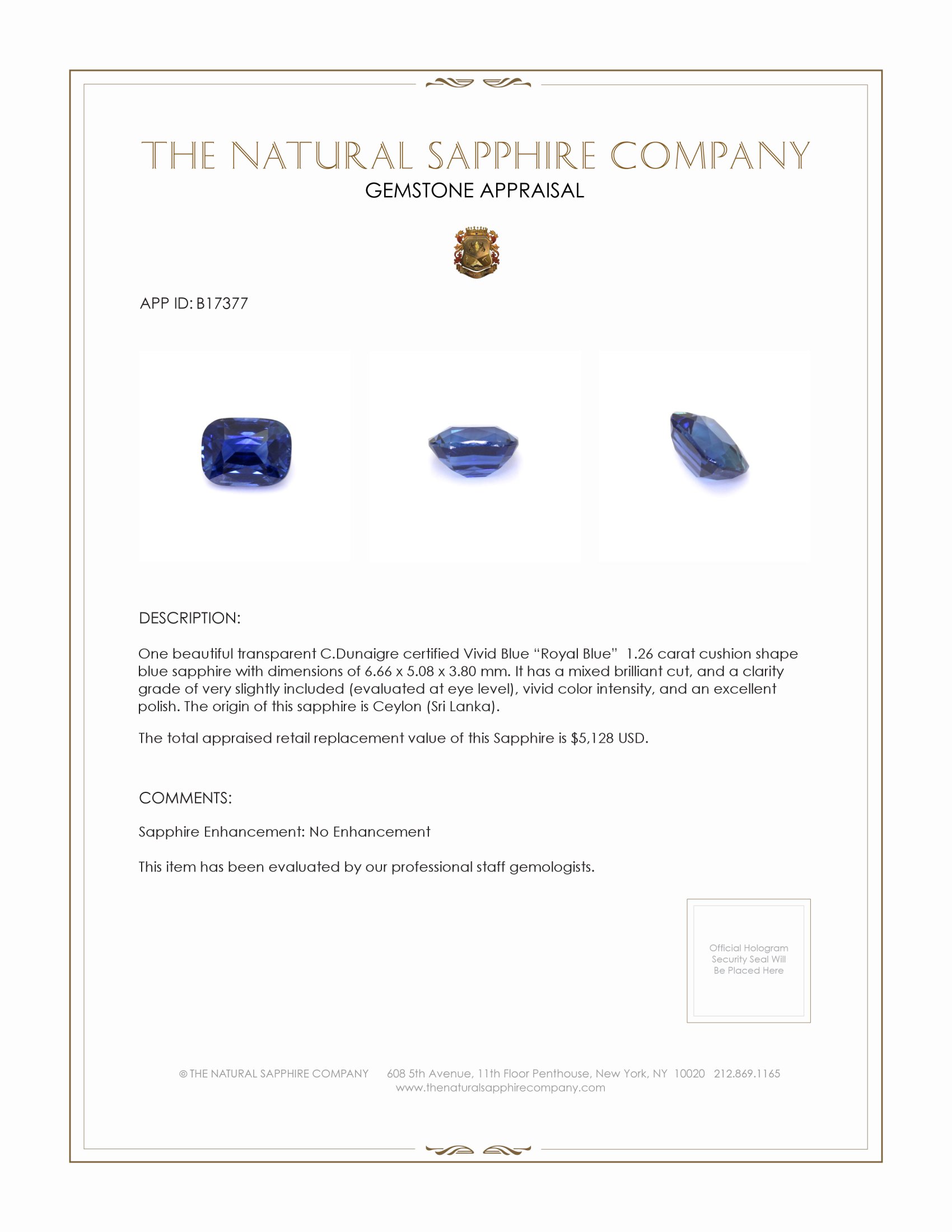1.26 Ct. Blue Sapphire from Ceylon (Sri Lanka)