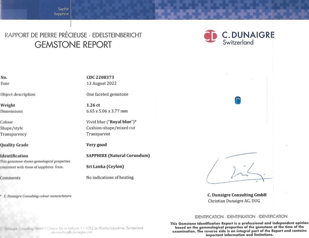 1.26 Ct. Blue Sapphire from Ceylon (Sri Lanka)