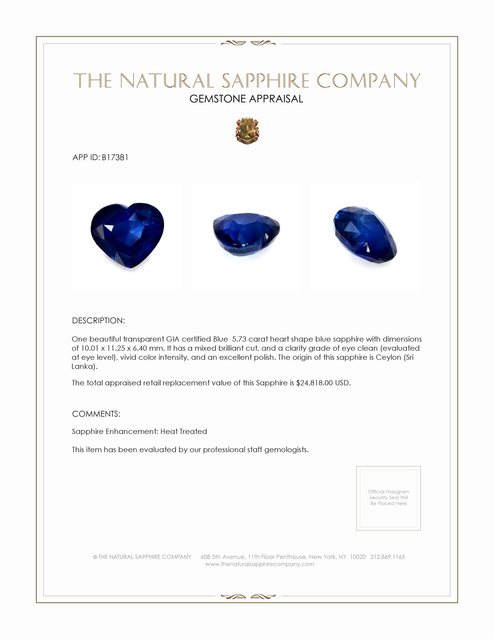 5.73 Ct. Blue Sapphire from Ceylon (Sri Lanka)
