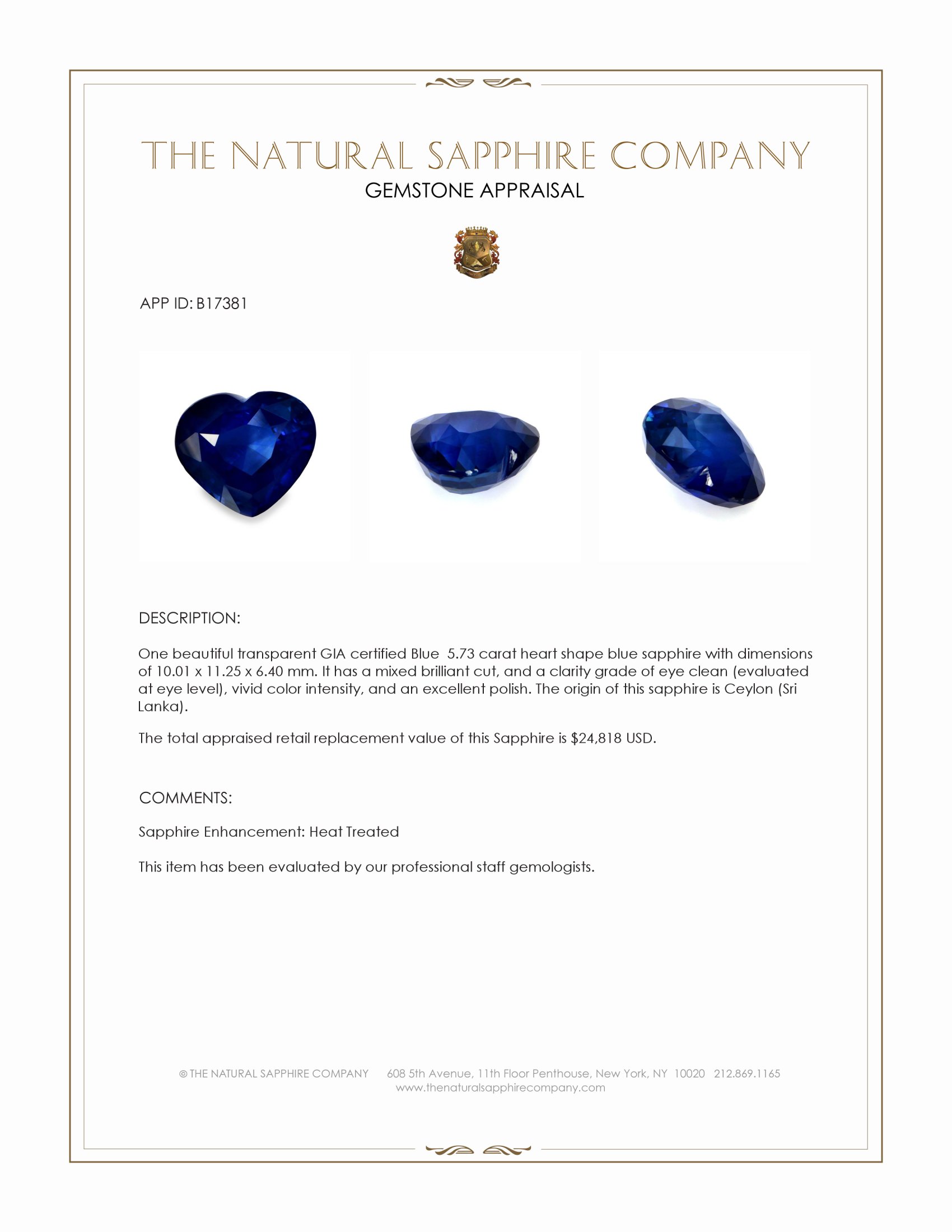 5.73 Ct. Blue Sapphire from Ceylon (Sri Lanka)