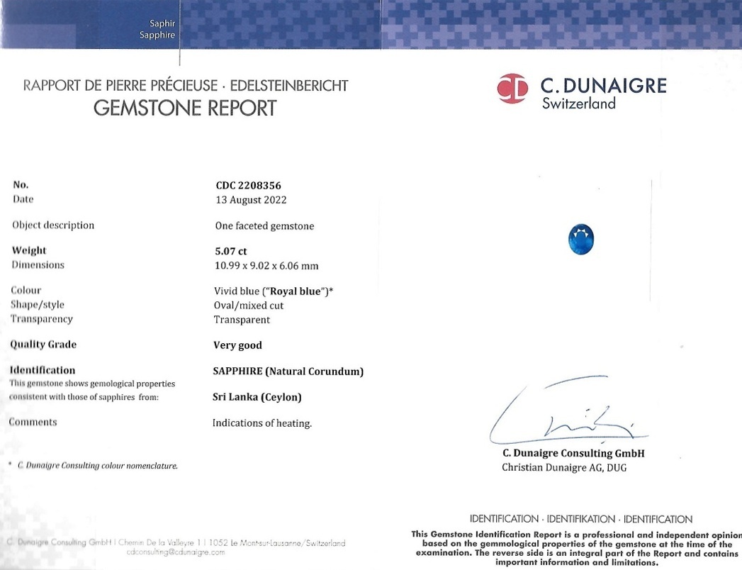5.07 Ct. Blue Sapphire from Ceylon (Sri Lanka)