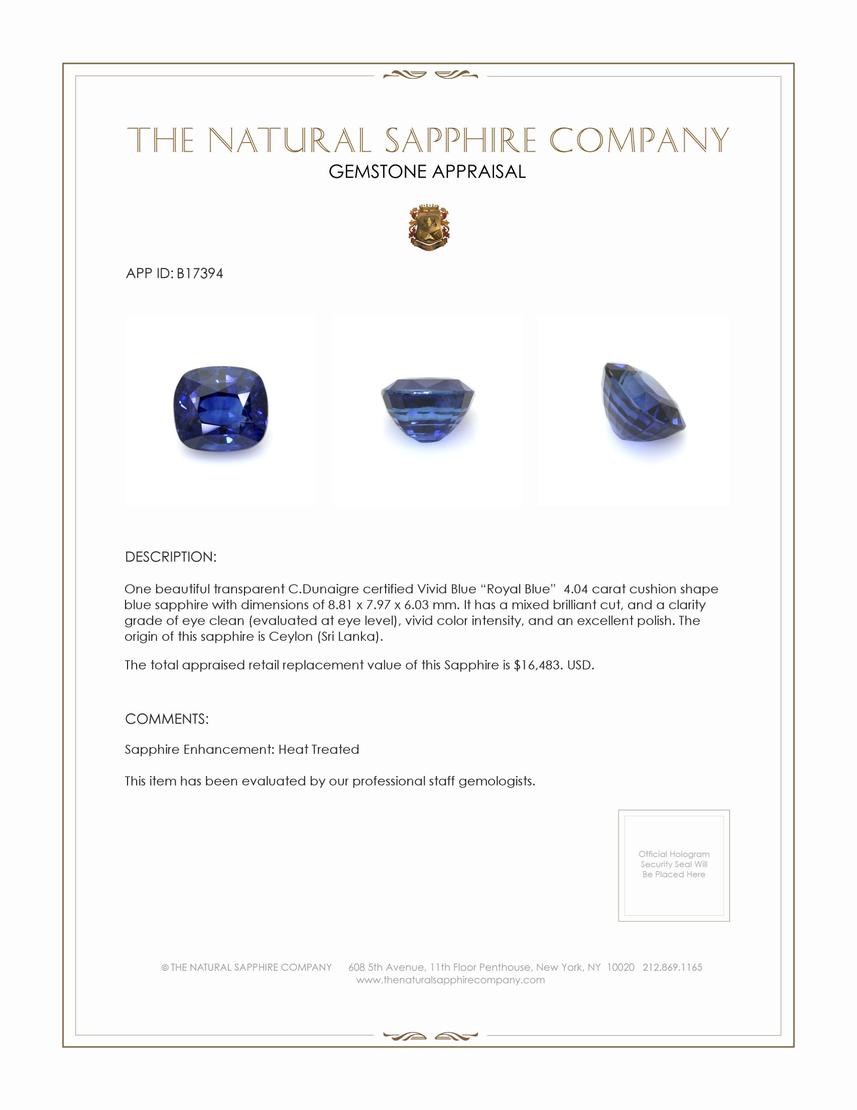 4.04 Ct. Blue Sapphire from Ceylon (Sri Lanka)