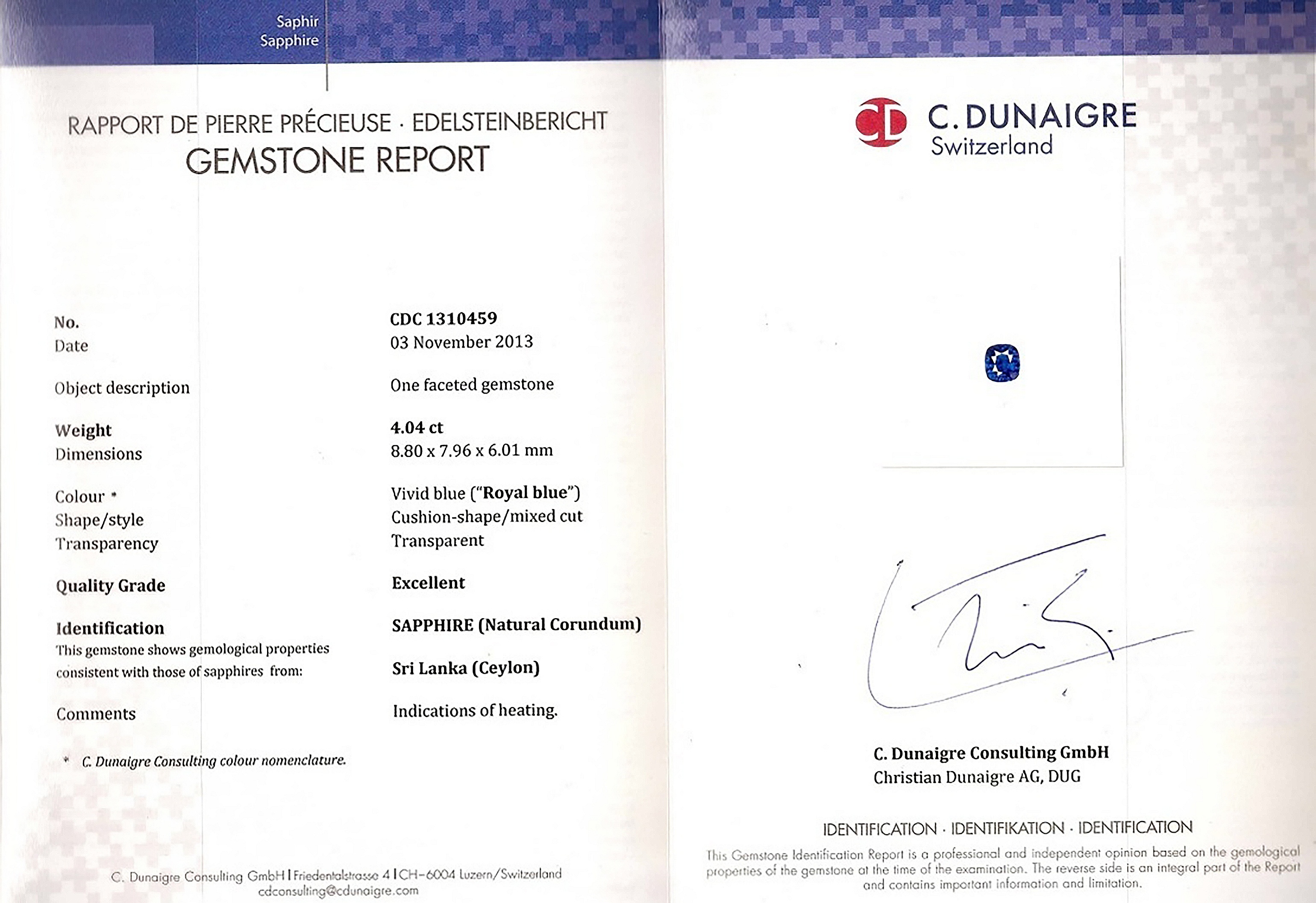 4.04 Ct. Blue Sapphire from Ceylon (Sri Lanka)