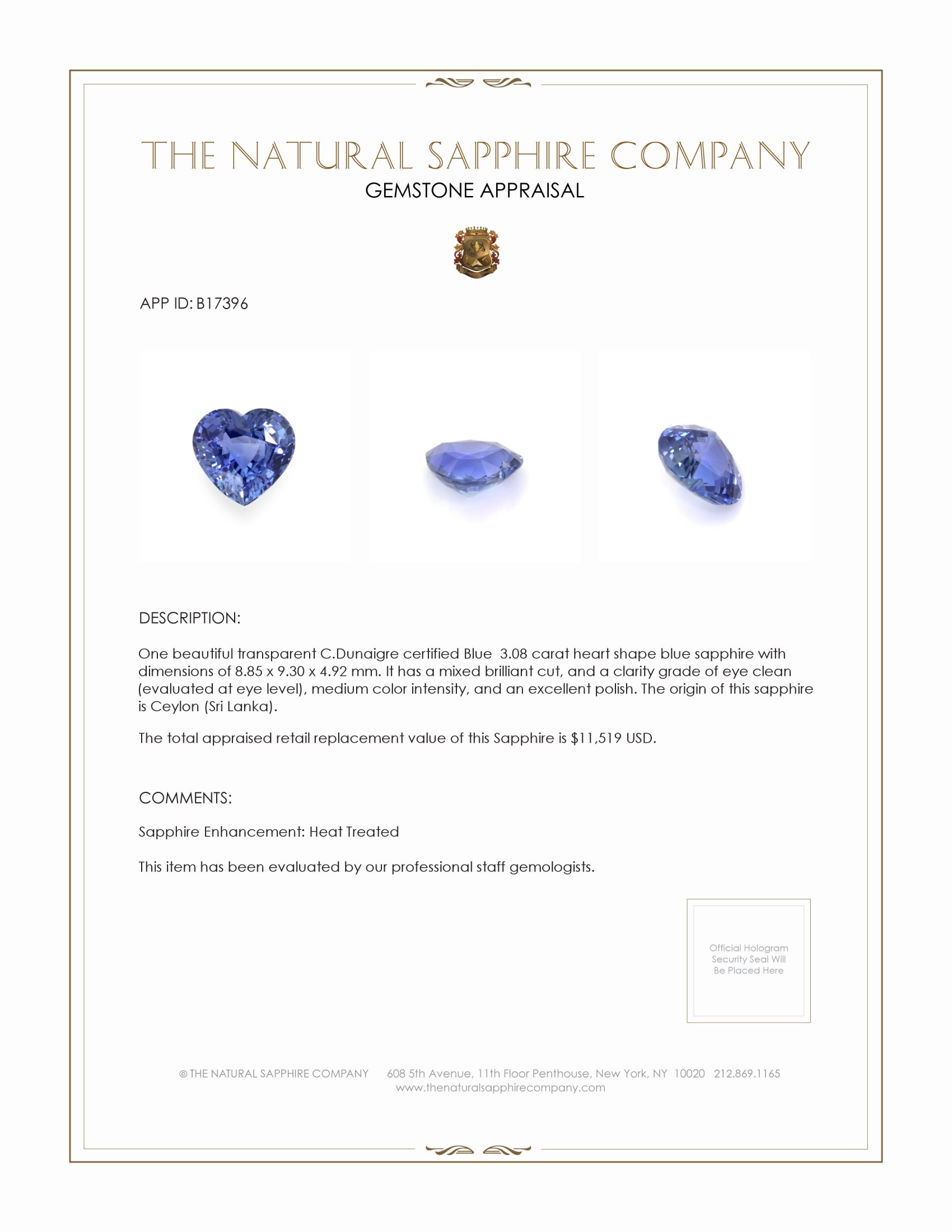 3.08 Ct. Blue Sapphire from Ceylon (Sri Lanka)