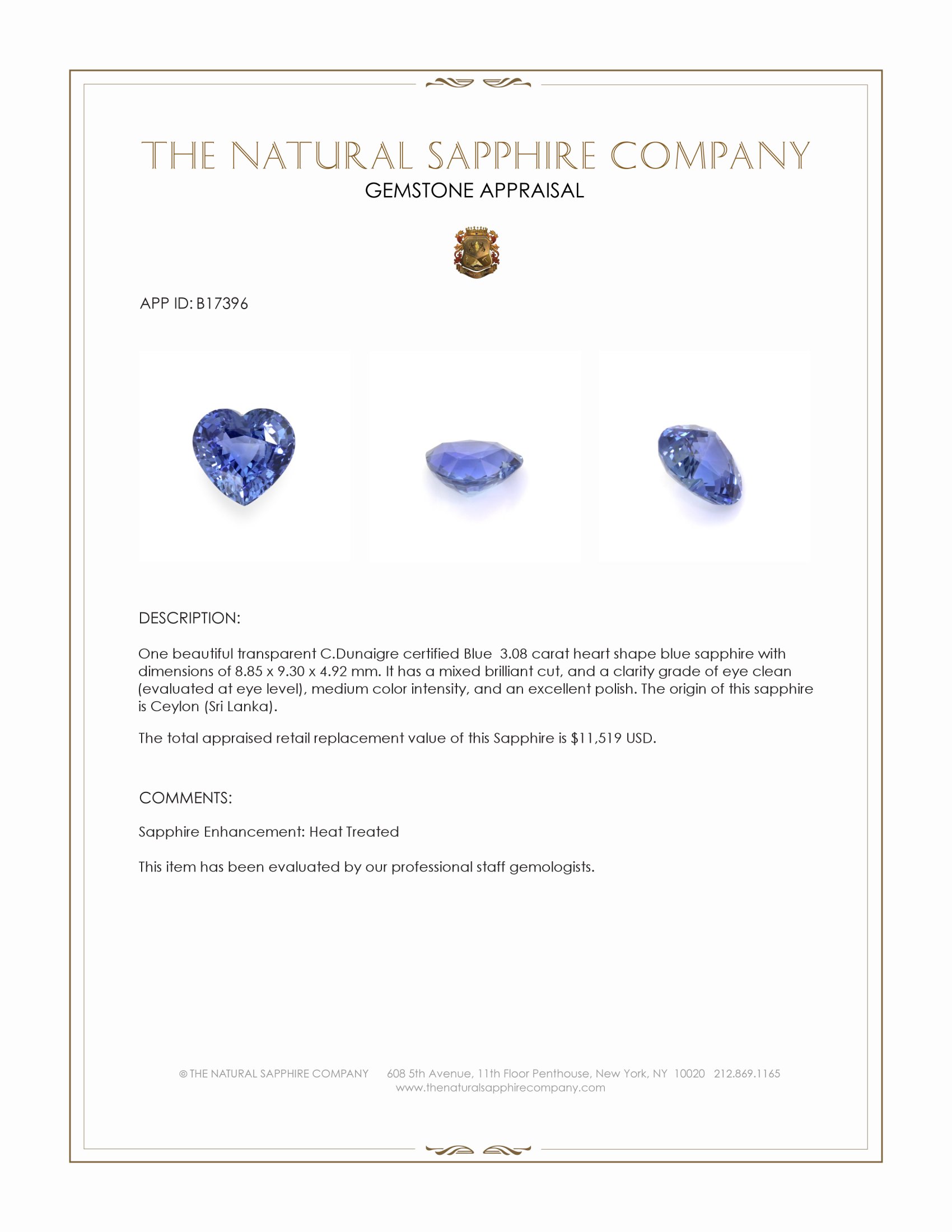3.08 Ct. Blue Sapphire from Ceylon (Sri Lanka)