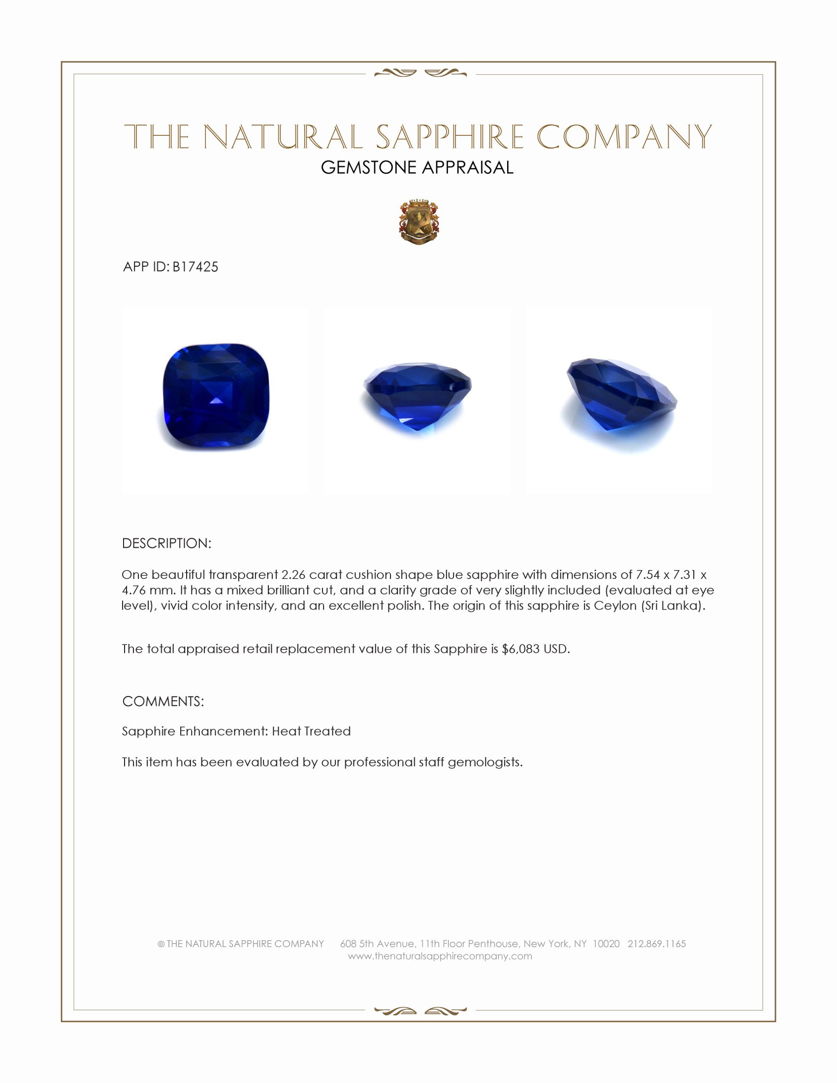 2.26 Ct. Blue Sapphire from Ceylon (Sri Lanka)