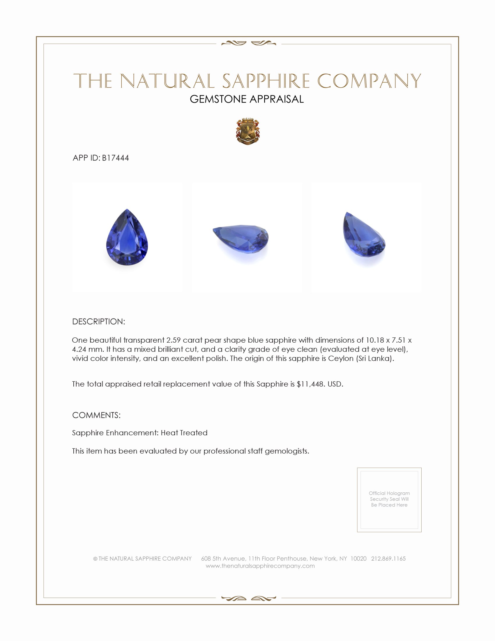 2.59 Ct. Blue Sapphire from Ceylon (Sri Lanka)