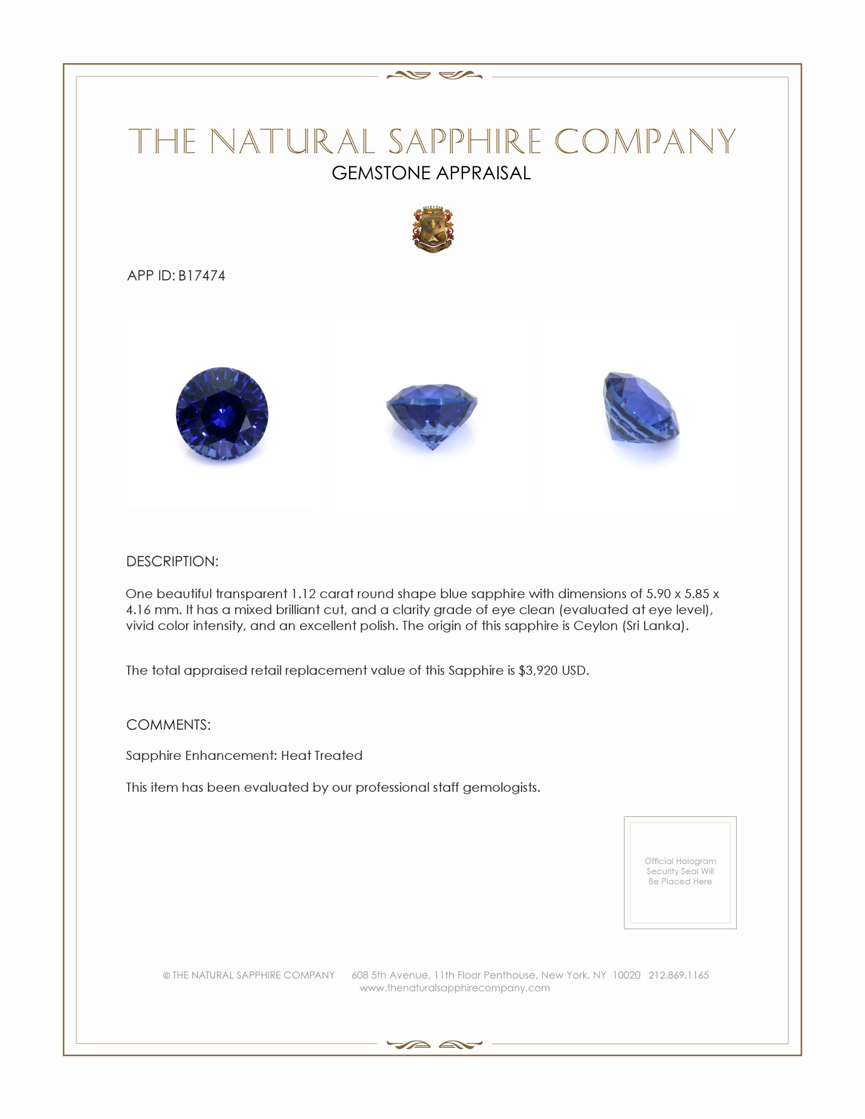 1.12 Ct. Blue Sapphire from Ceylon (Sri Lanka)
