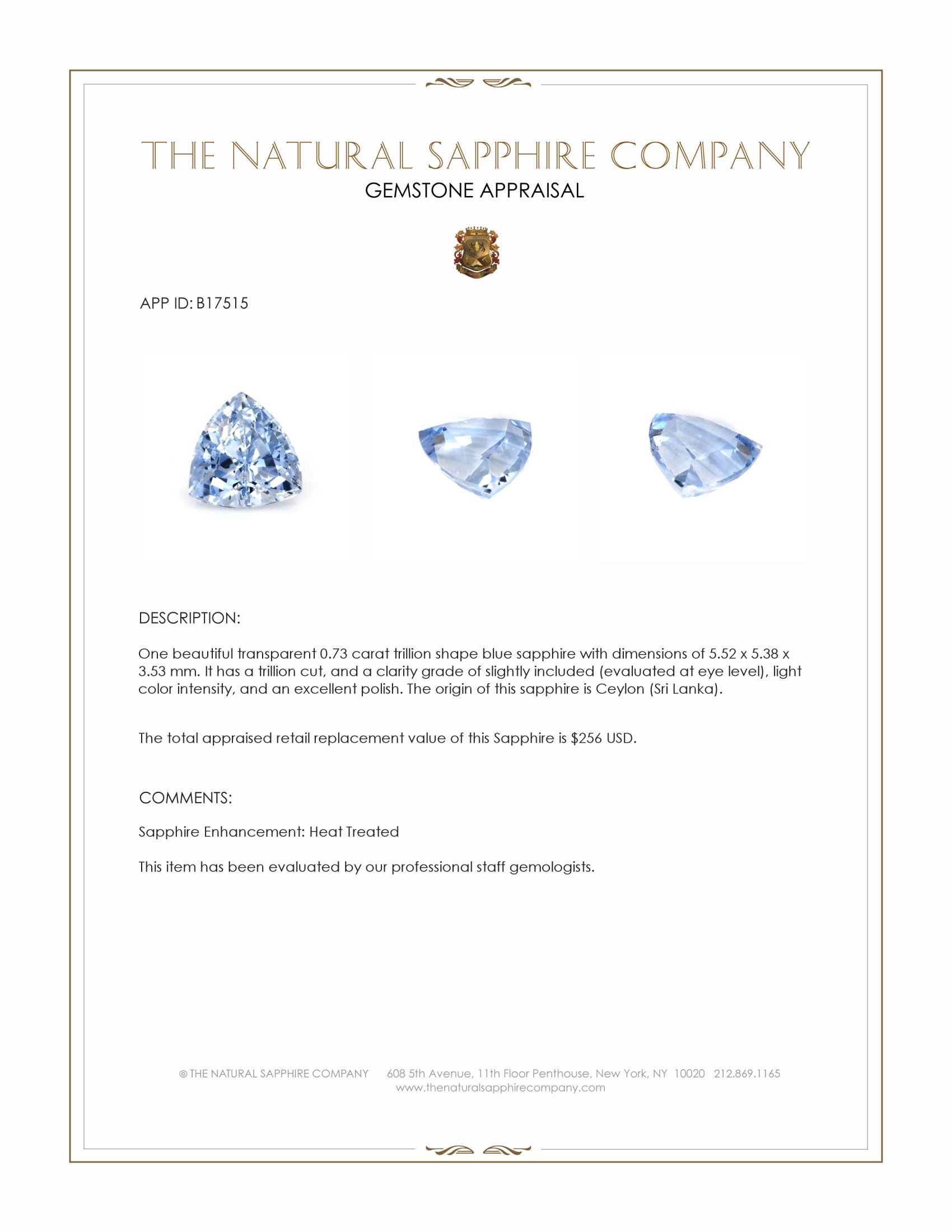 0.73 Ct. Blue Sapphire from Ceylon (Sri Lanka)