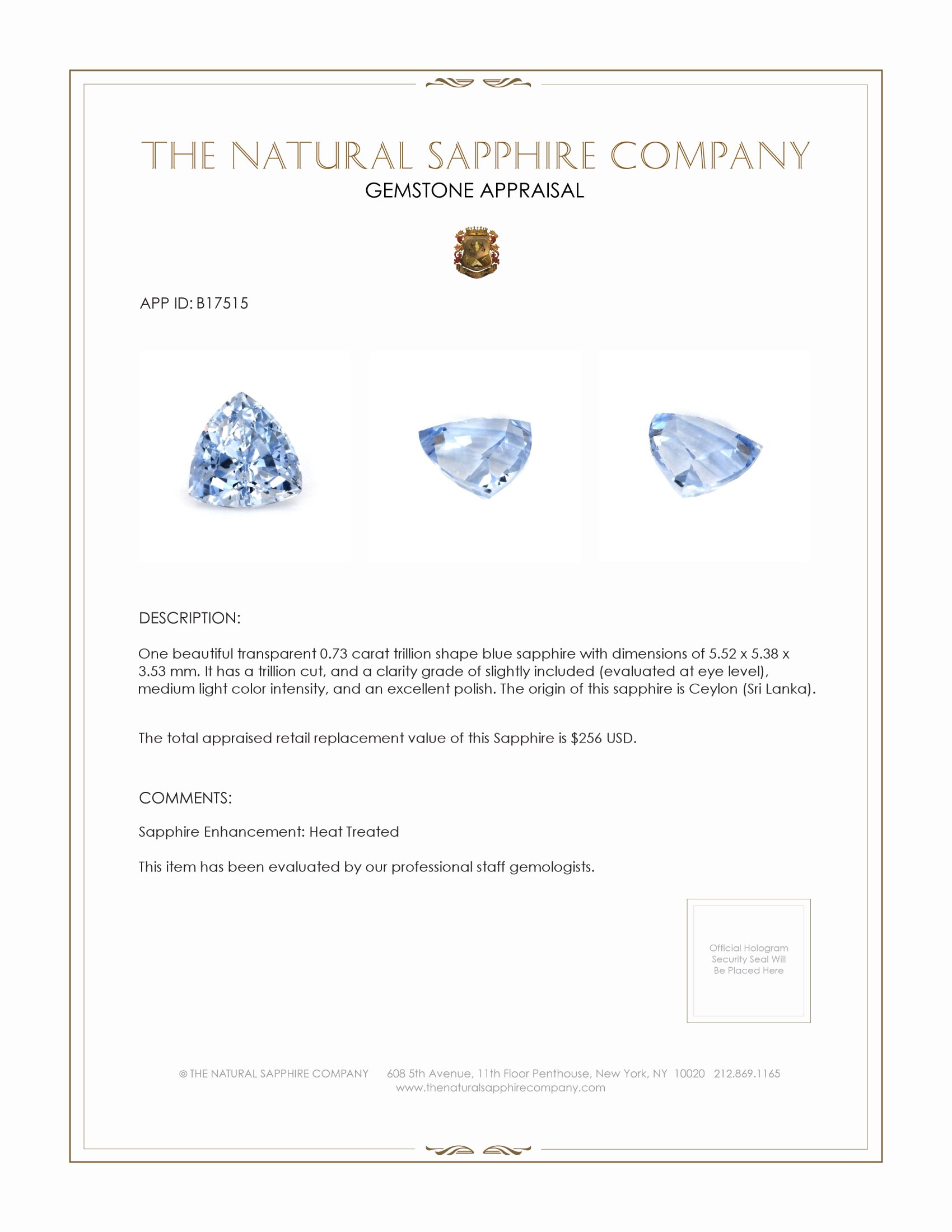 0.73 Ct. Blue Sapphire from Ceylon (Sri Lanka)