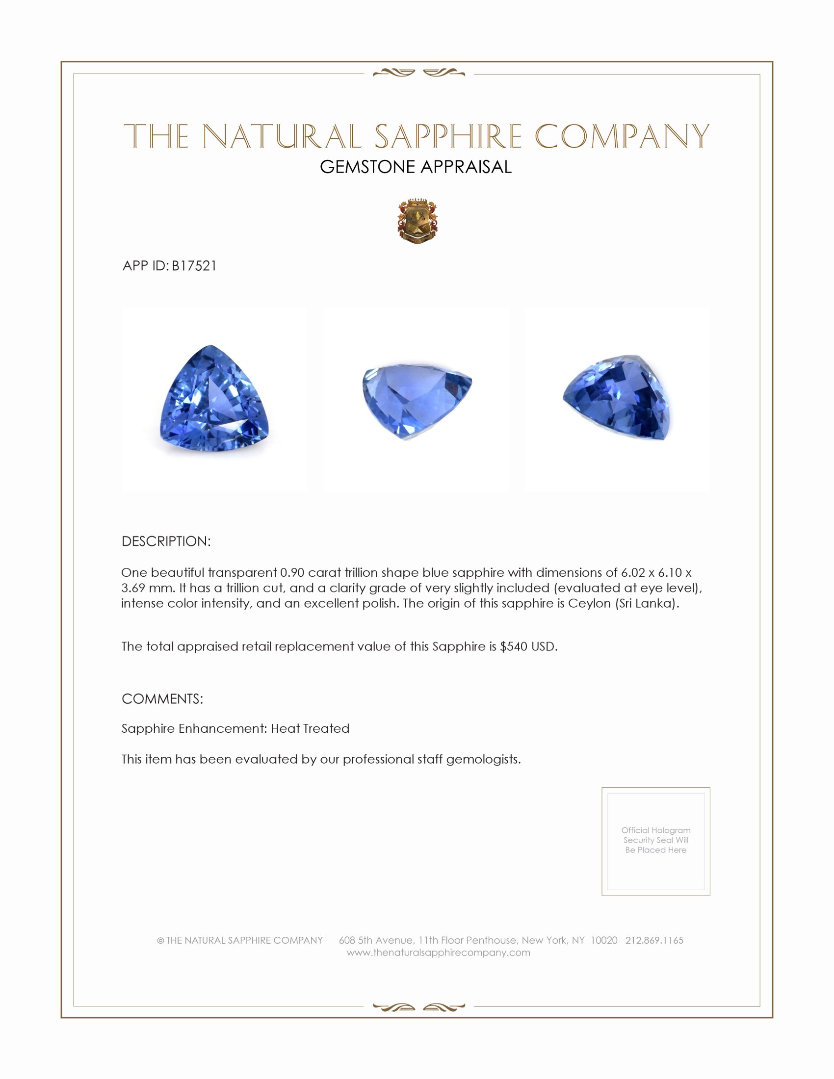 0.90 Ct. Blue Sapphire from Ceylon (Sri Lanka)
