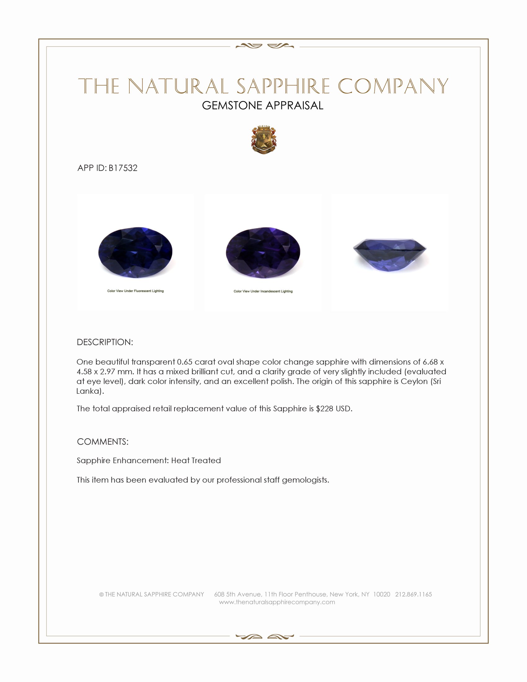 0.65 Ct. Color Change Sapphire from Ceylon (Sri Lanka)