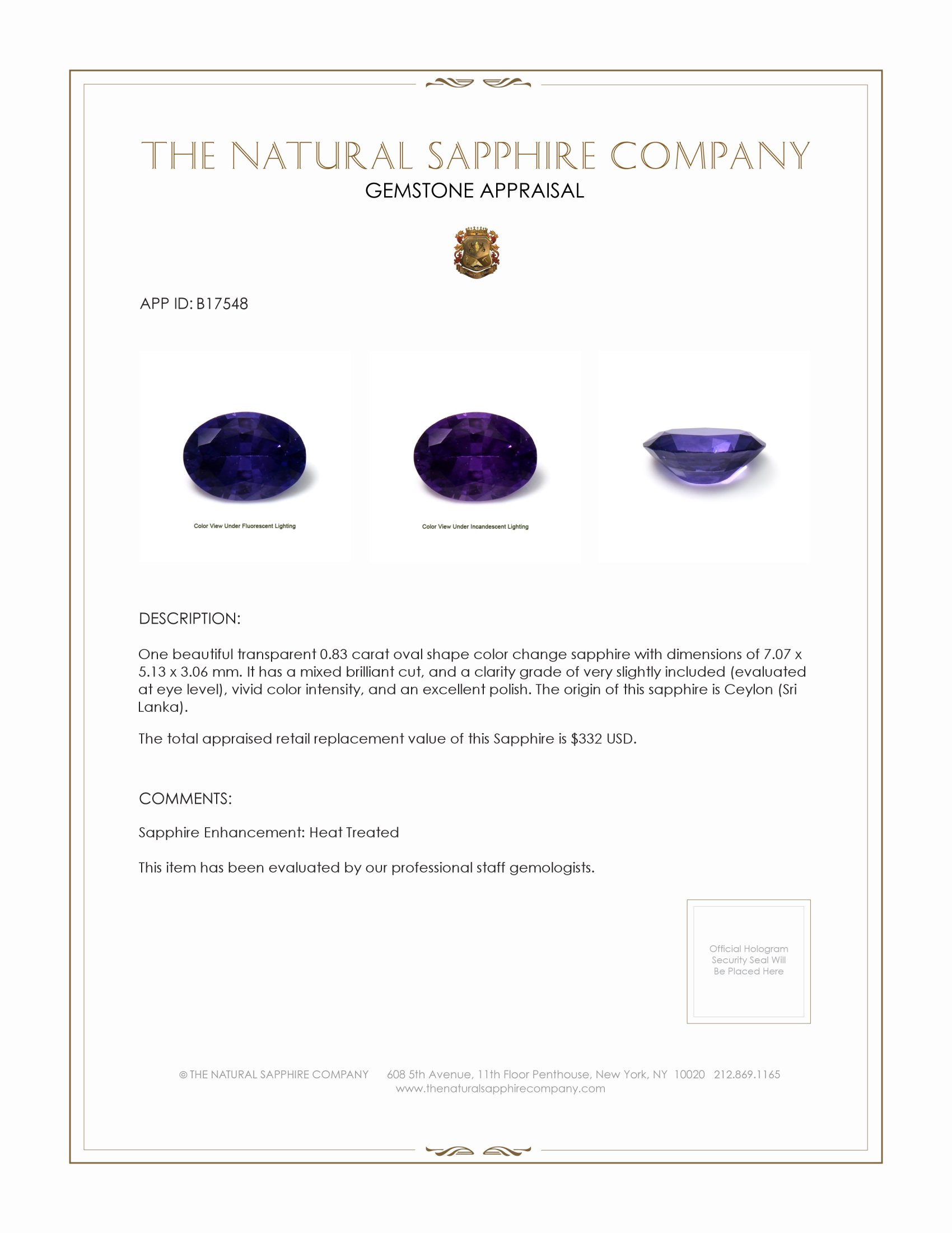0.83 Ct. Color Change Sapphire from Ceylon (Sri Lanka)