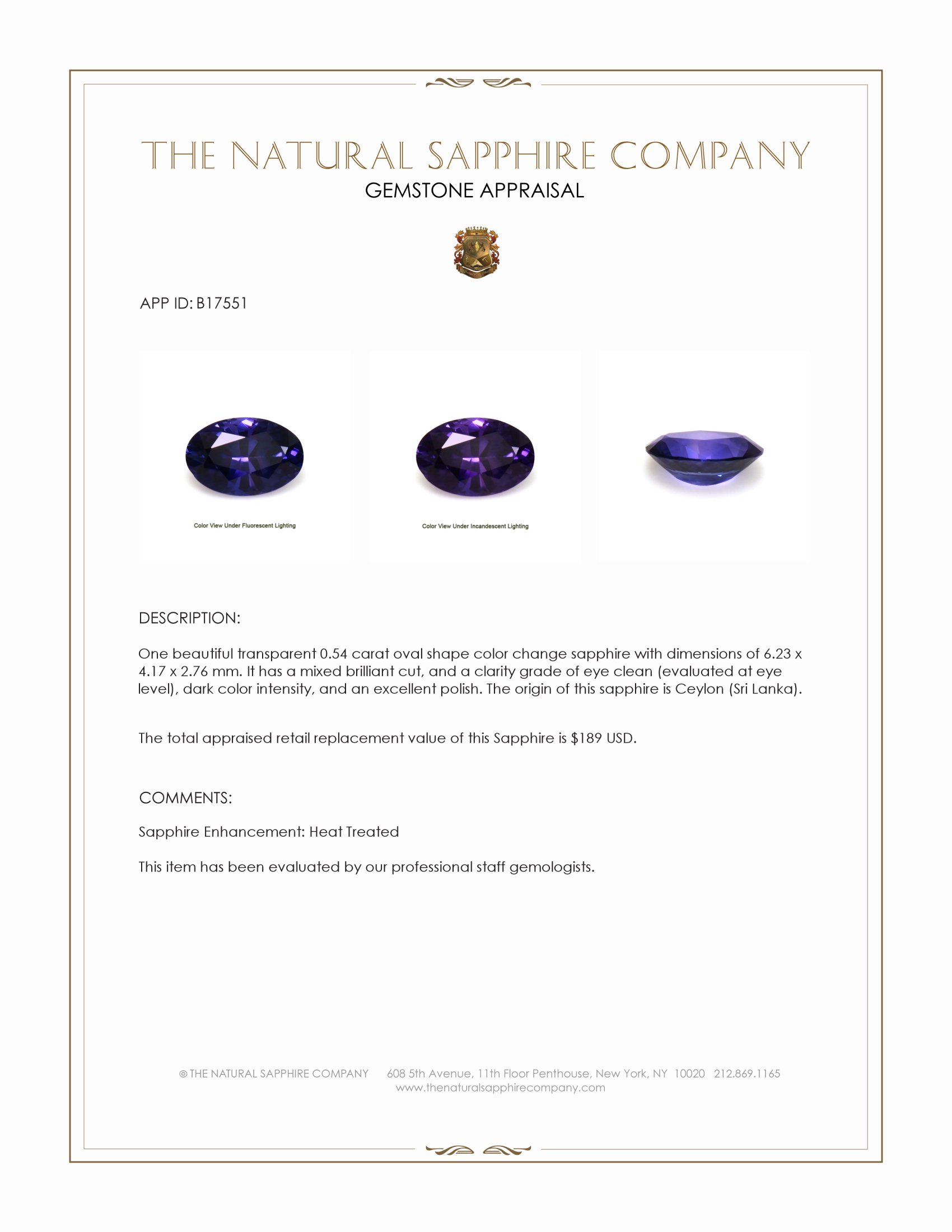 0.54 Ct. Color Change Sapphire from Ceylon (Sri Lanka)