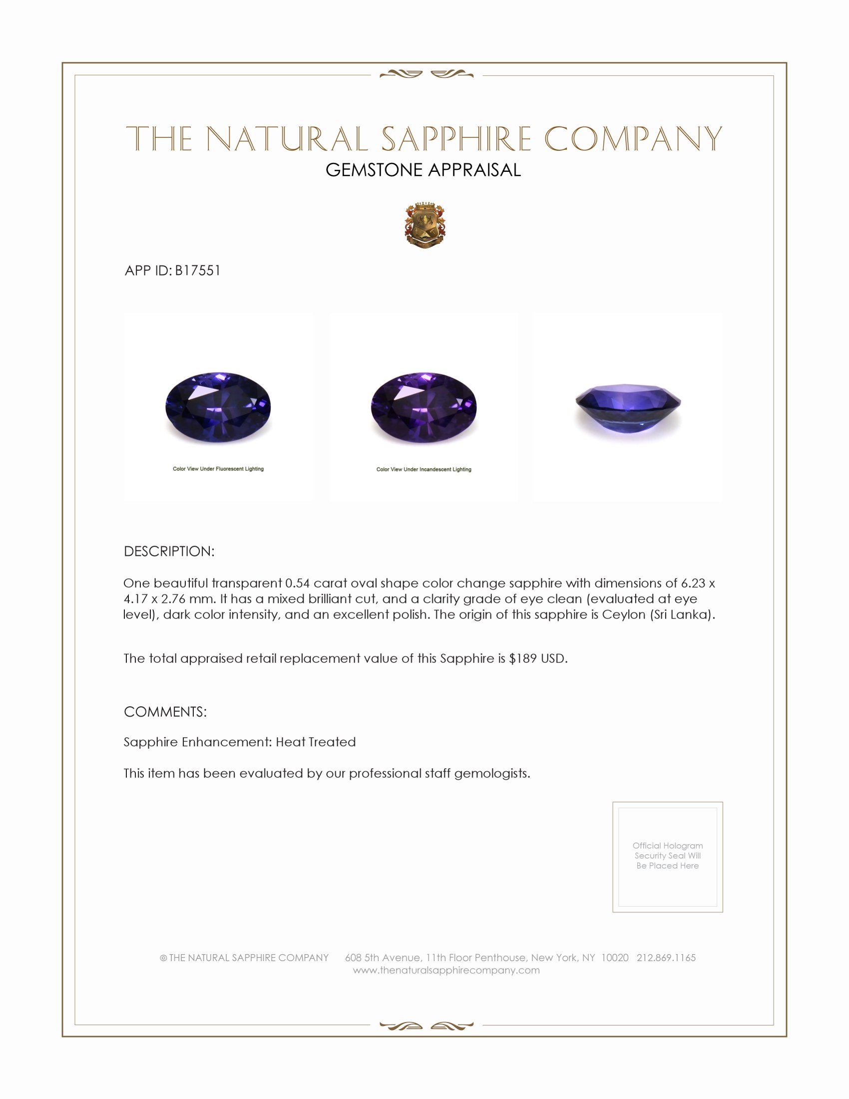 0.54 Ct. Color Change Sapphire from Ceylon (Sri Lanka)