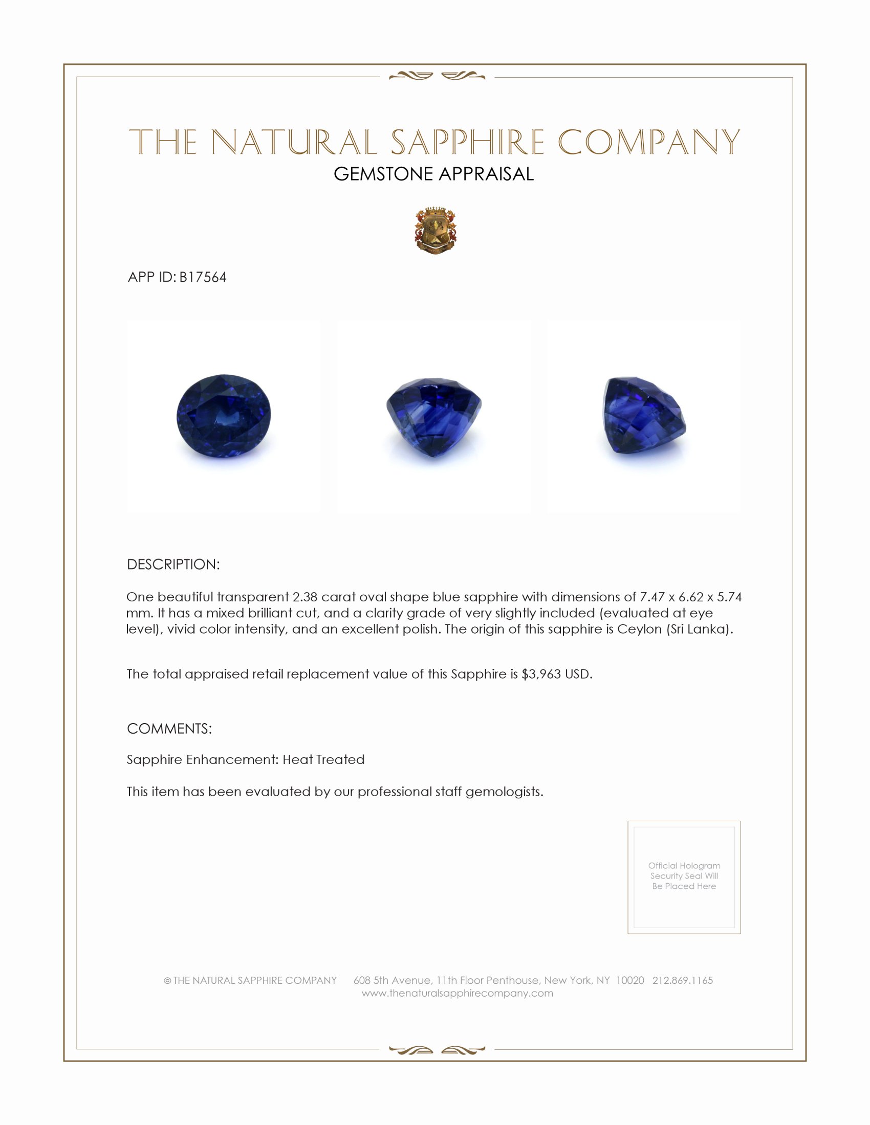2.38 Ct. Blue Sapphire from Ceylon (Sri Lanka)