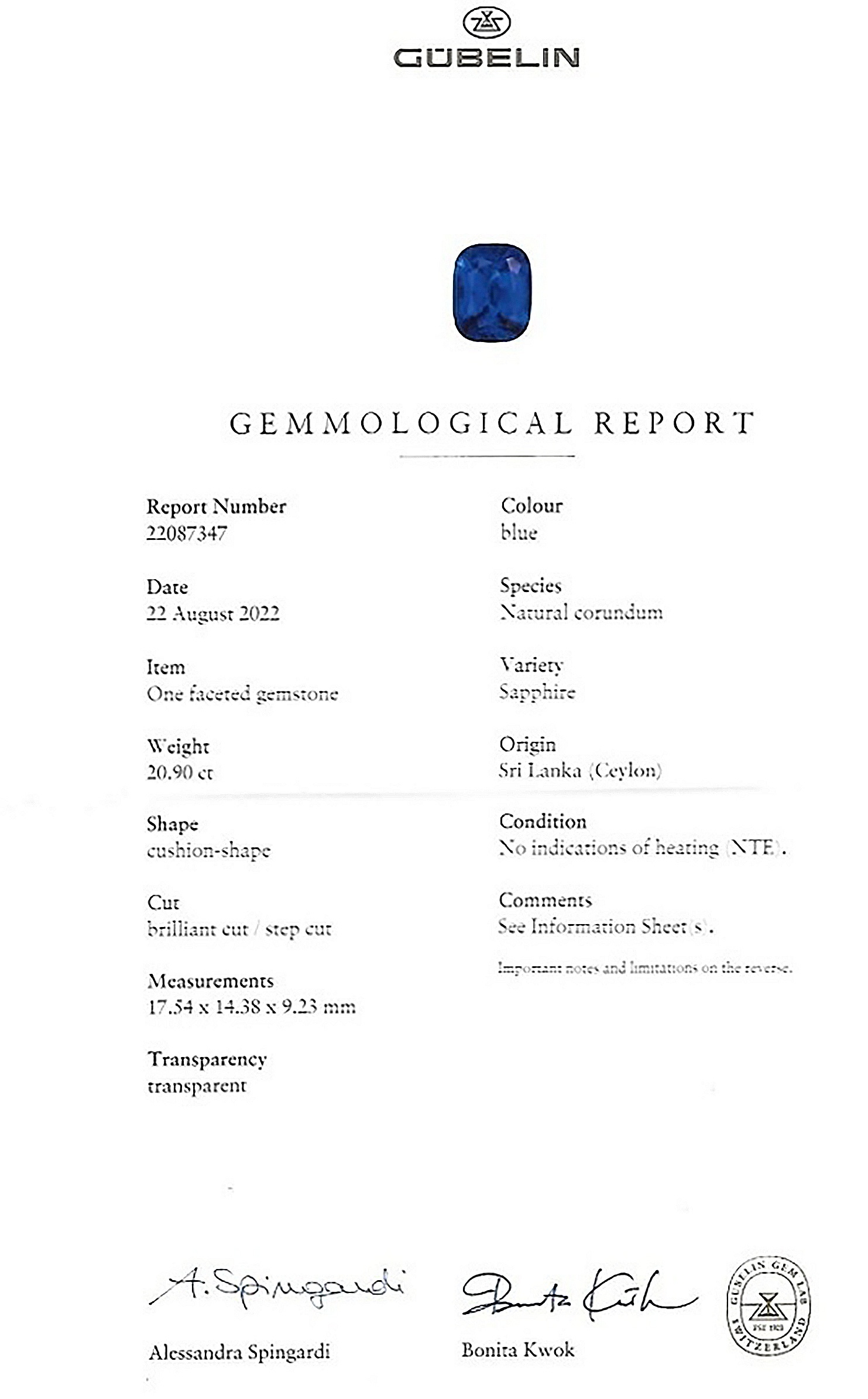 20.90 Ct. Blue Sapphire from Ceylon (Sri Lanka)