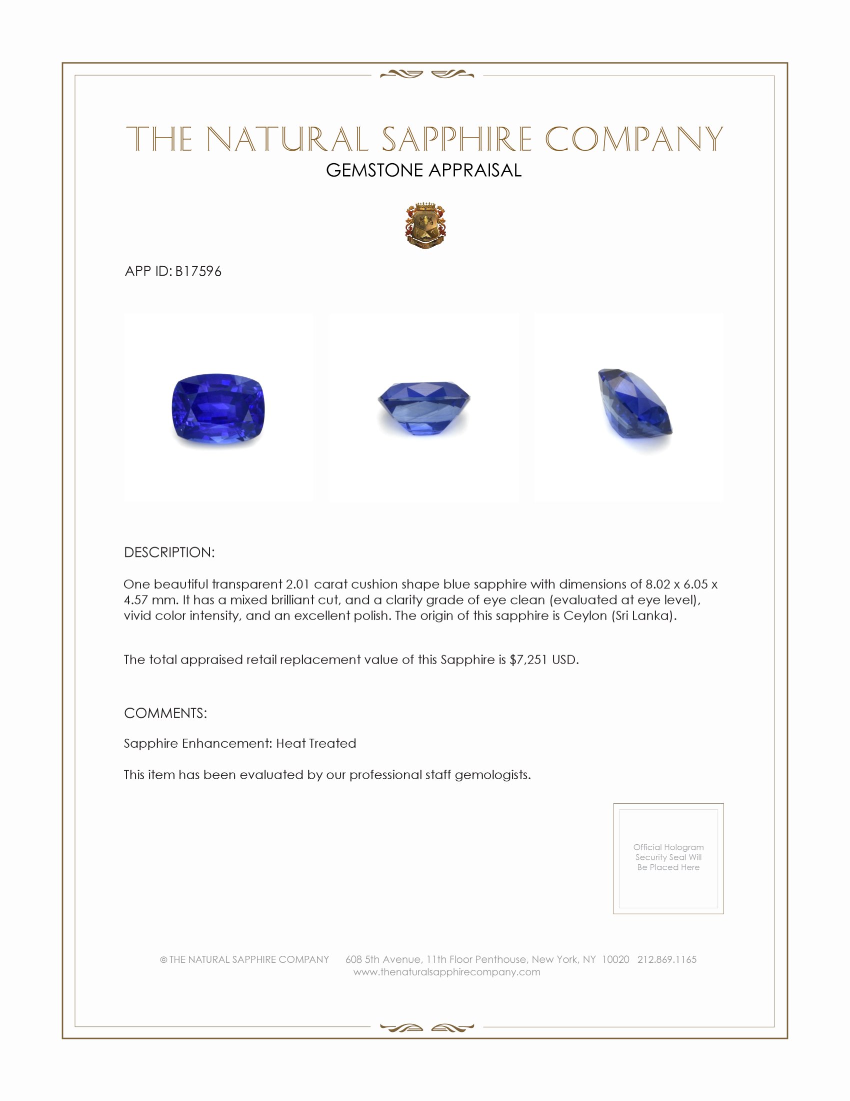 2.01 Ct. Blue Sapphire from Ceylon (Sri Lanka)