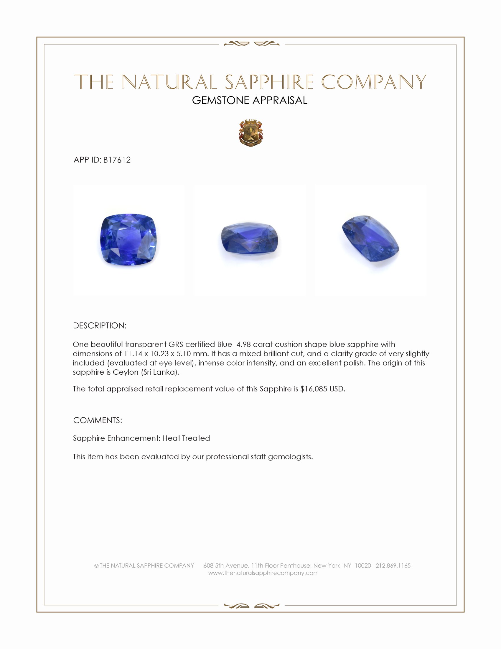4.98 Ct. Blue Sapphire from Ceylon (Sri Lanka)