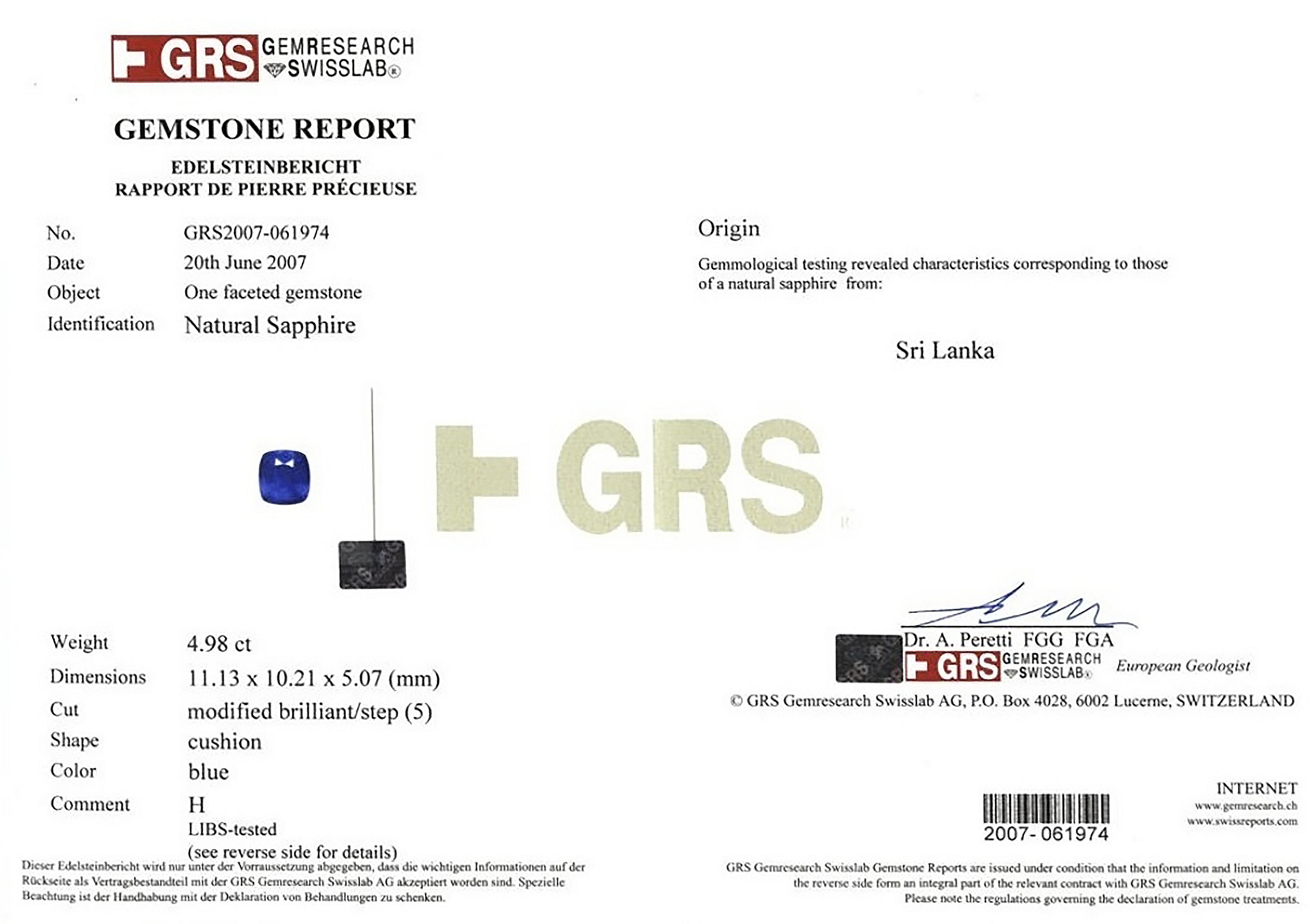 4.98 Ct. Blue Sapphire from Ceylon (Sri Lanka)