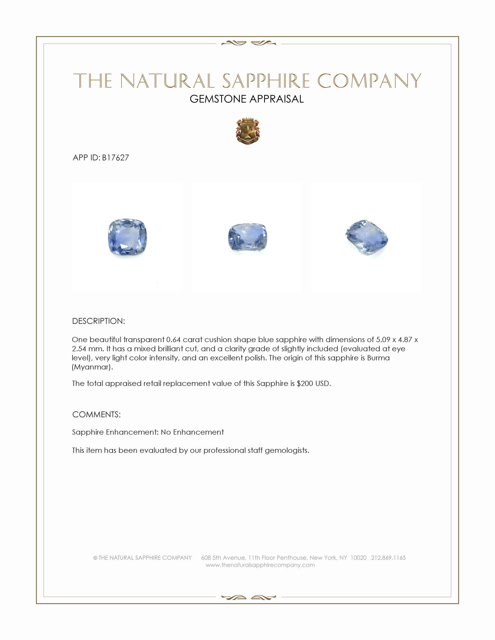 0.64 Ct. Blue Sapphire from Burma (Myanmar)