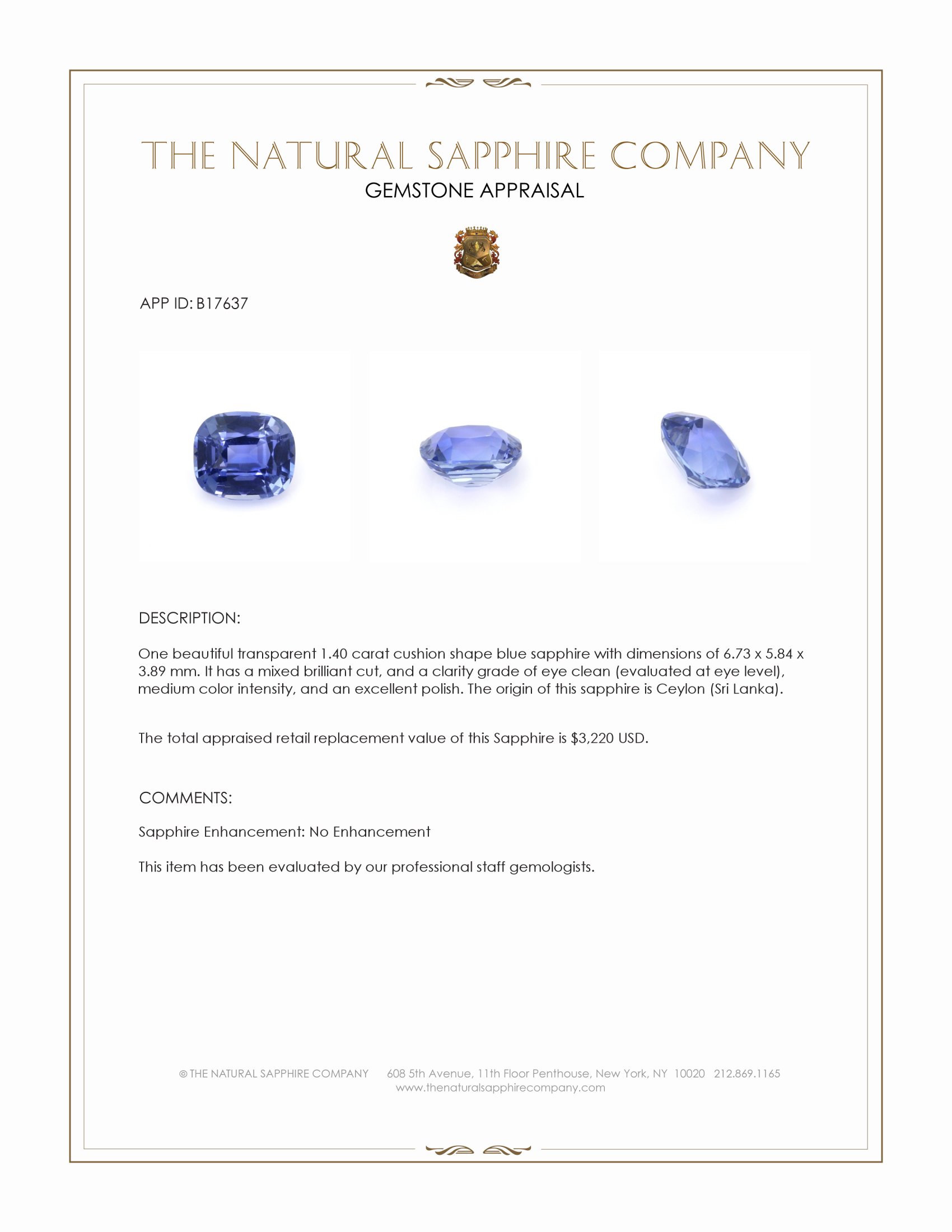 1.40 Ct. Blue Sapphire from Ceylon (Sri Lanka)