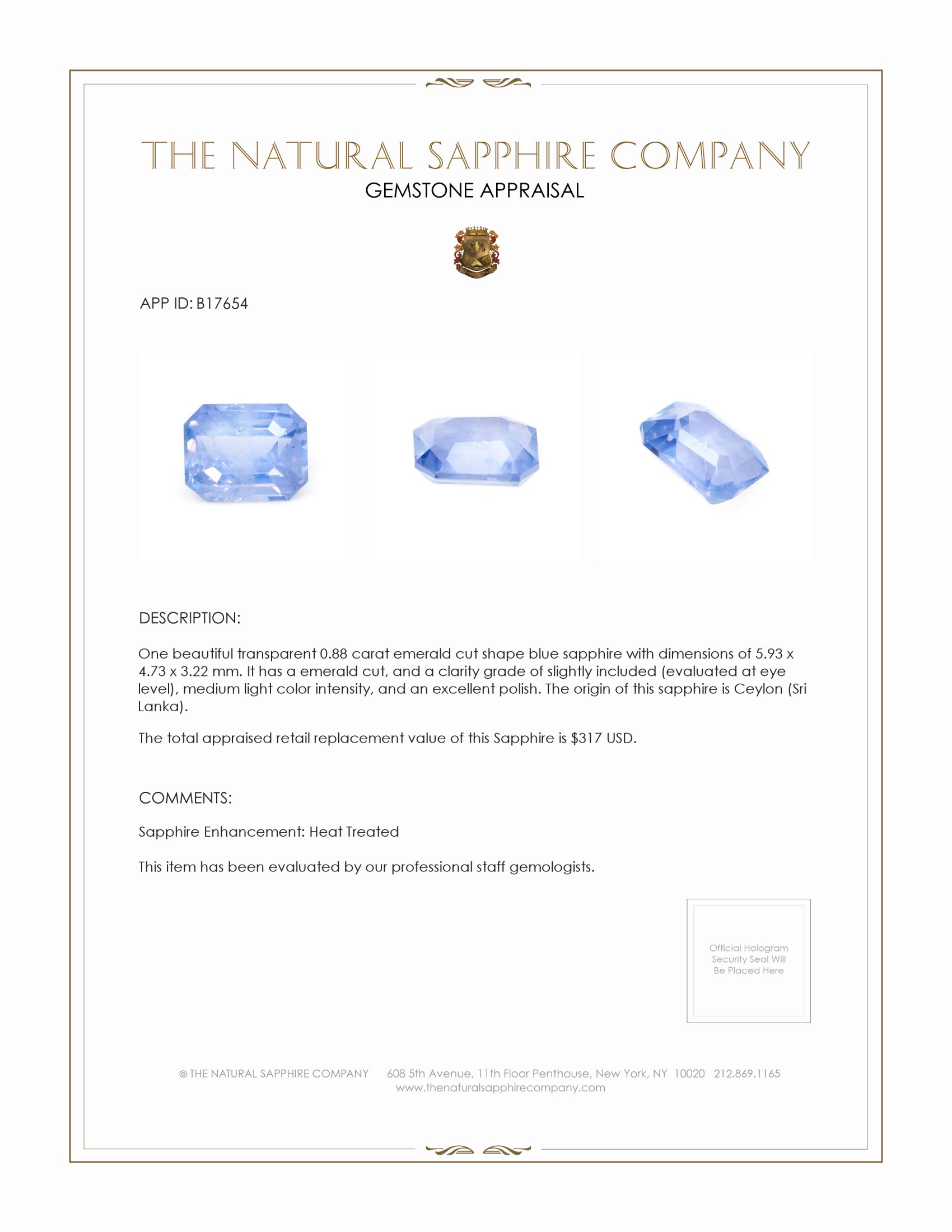 0.88 Ct. Blue Sapphire from Ceylon (Sri Lanka)