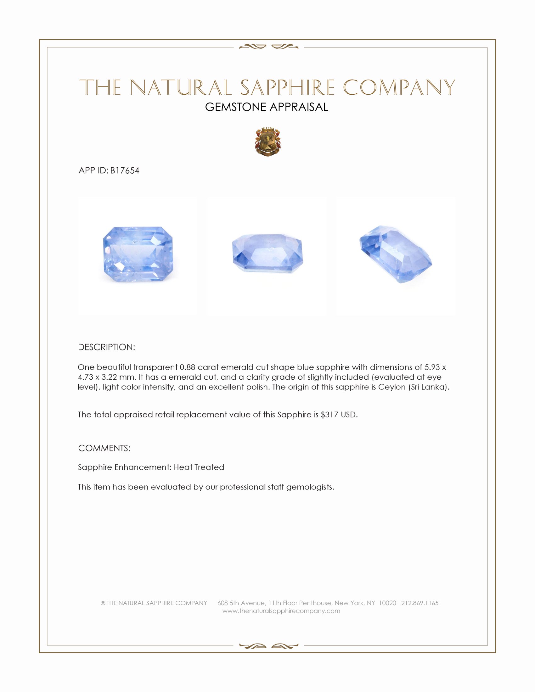 0.88 Ct. Blue Sapphire from Ceylon (Sri Lanka)