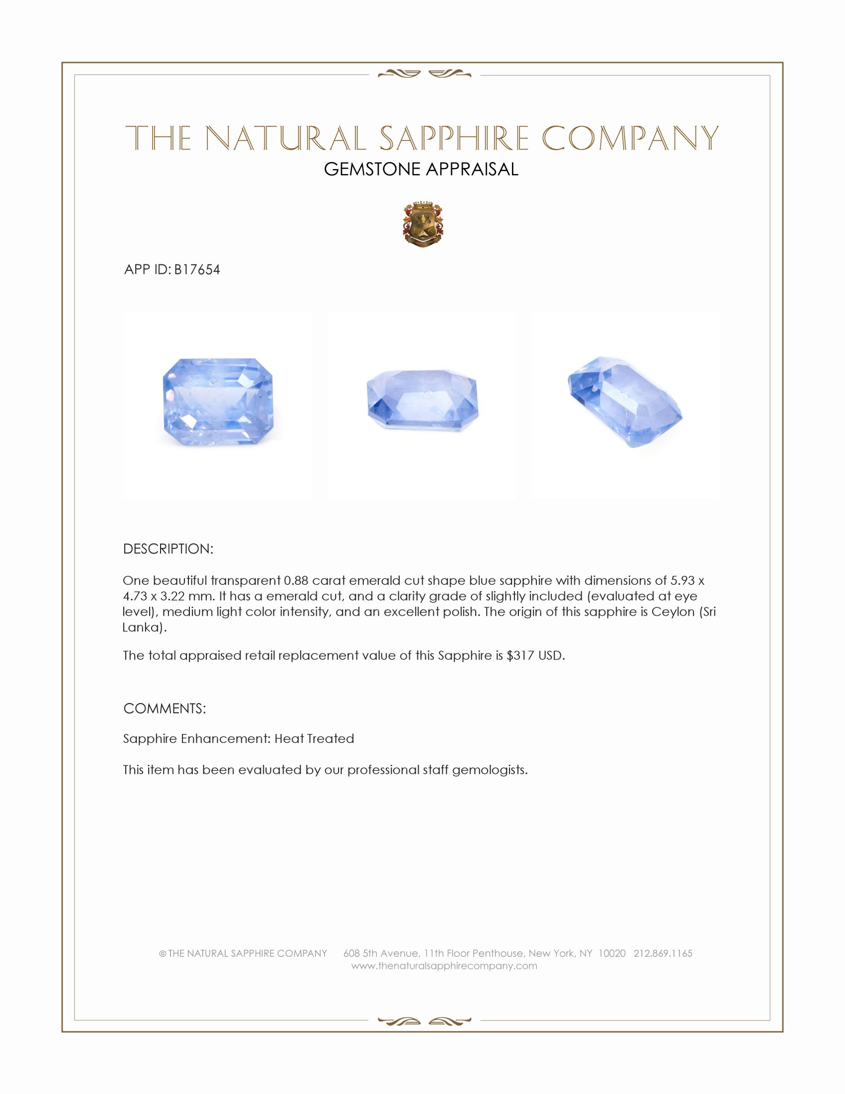 0.88 Ct. Blue Sapphire from Ceylon (Sri Lanka)