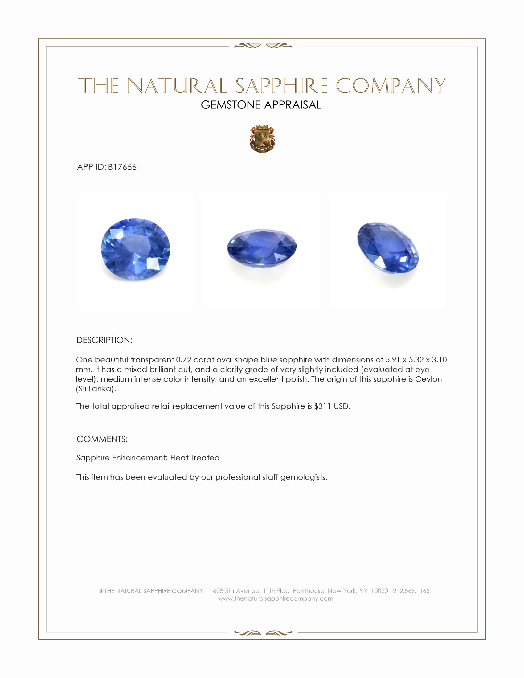 0.72 Ct. Blue Sapphire from Ceylon (Sri Lanka)