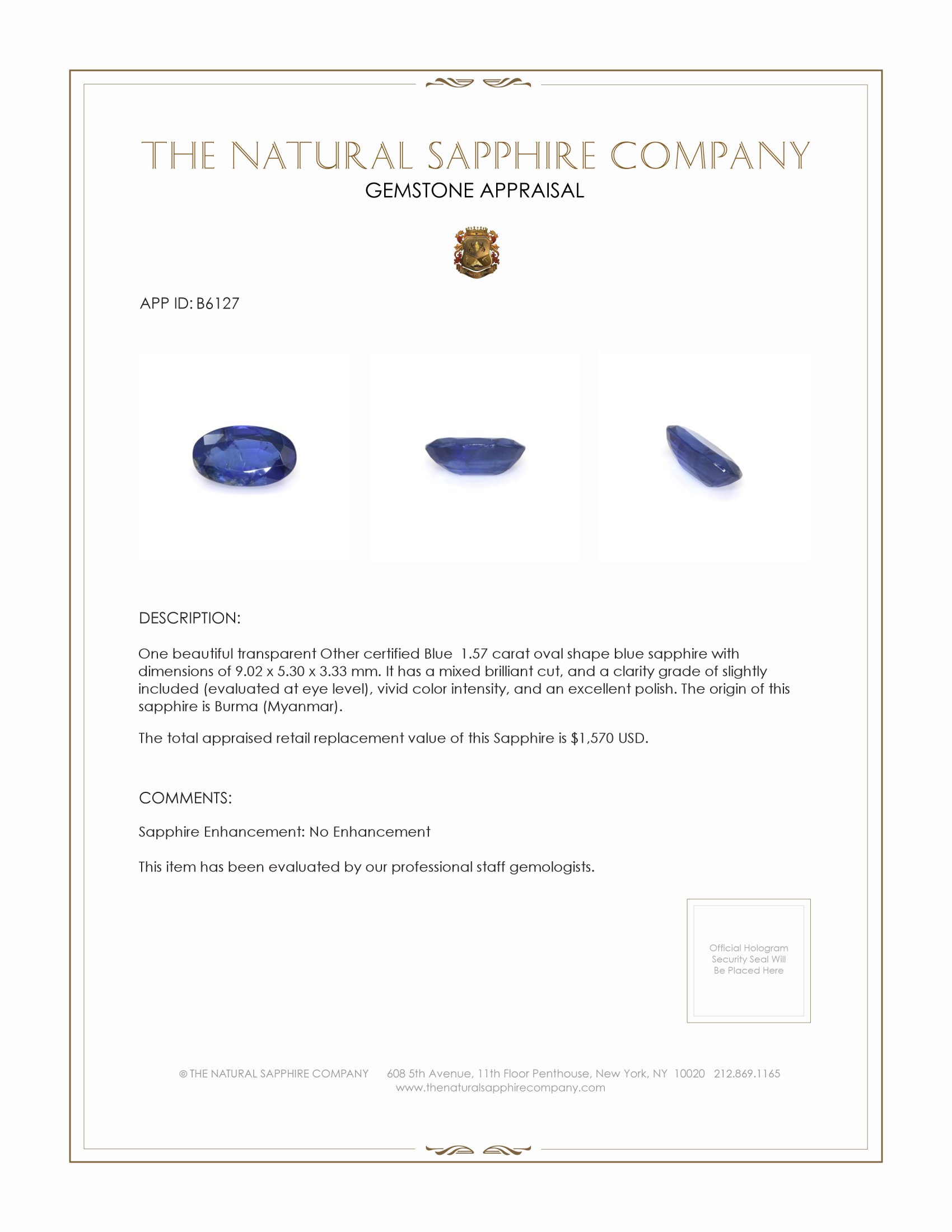 1.57 Ct. Blue Sapphire from Burma (Myanmar)