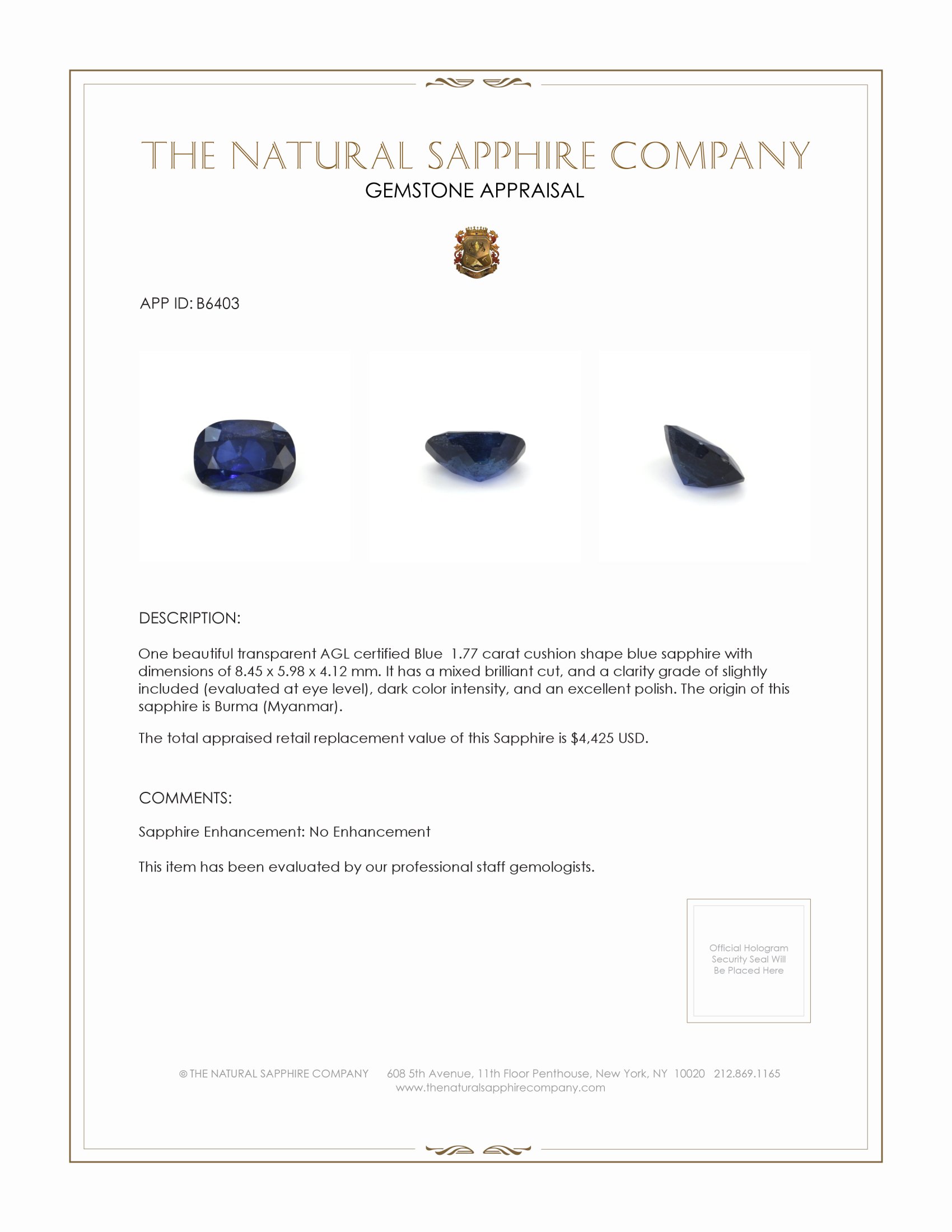 1.77 Ct. Blue Sapphire from Burma (Myanmar)