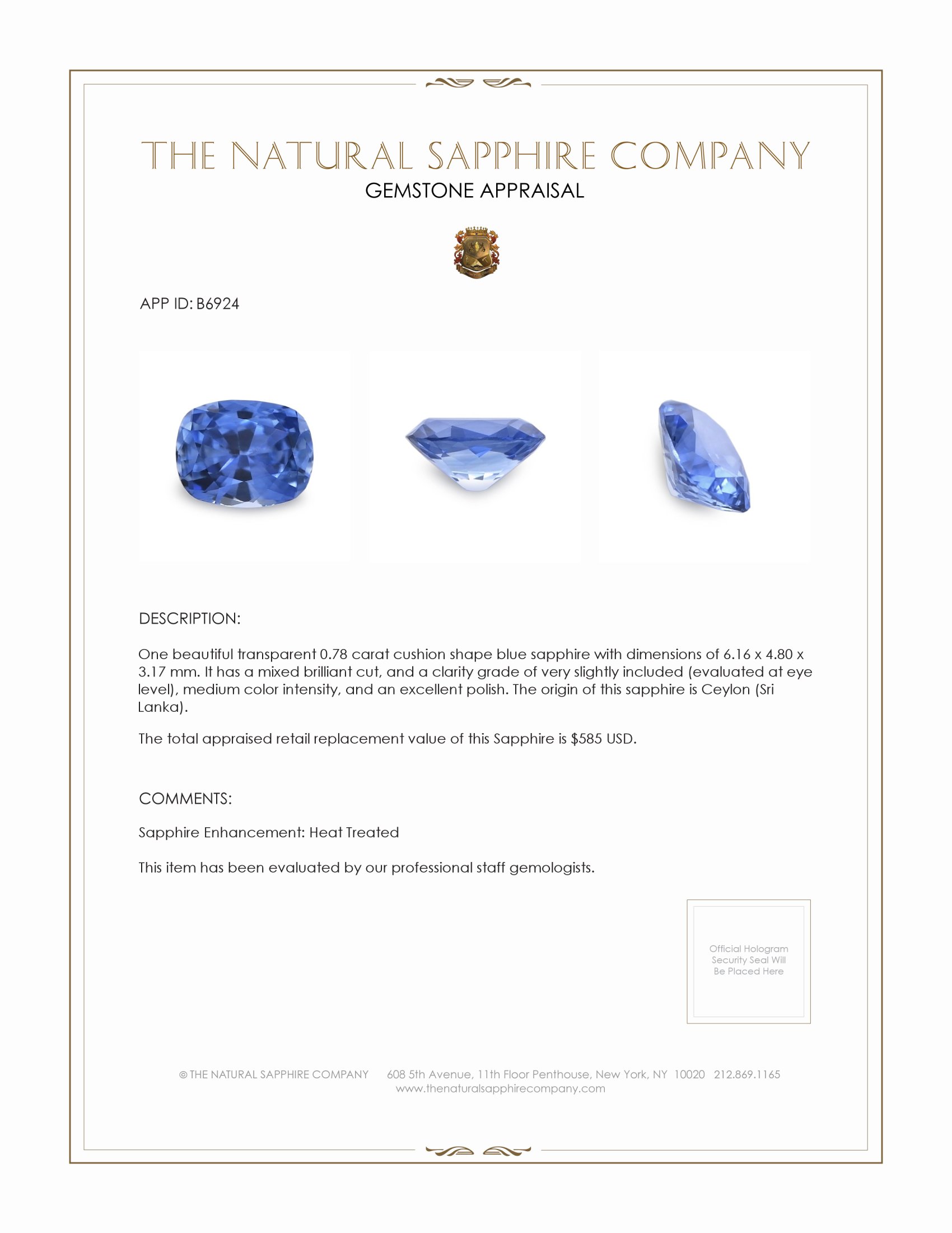 0.78 Ct. Blue Sapphire from Ceylon (Sri Lanka)