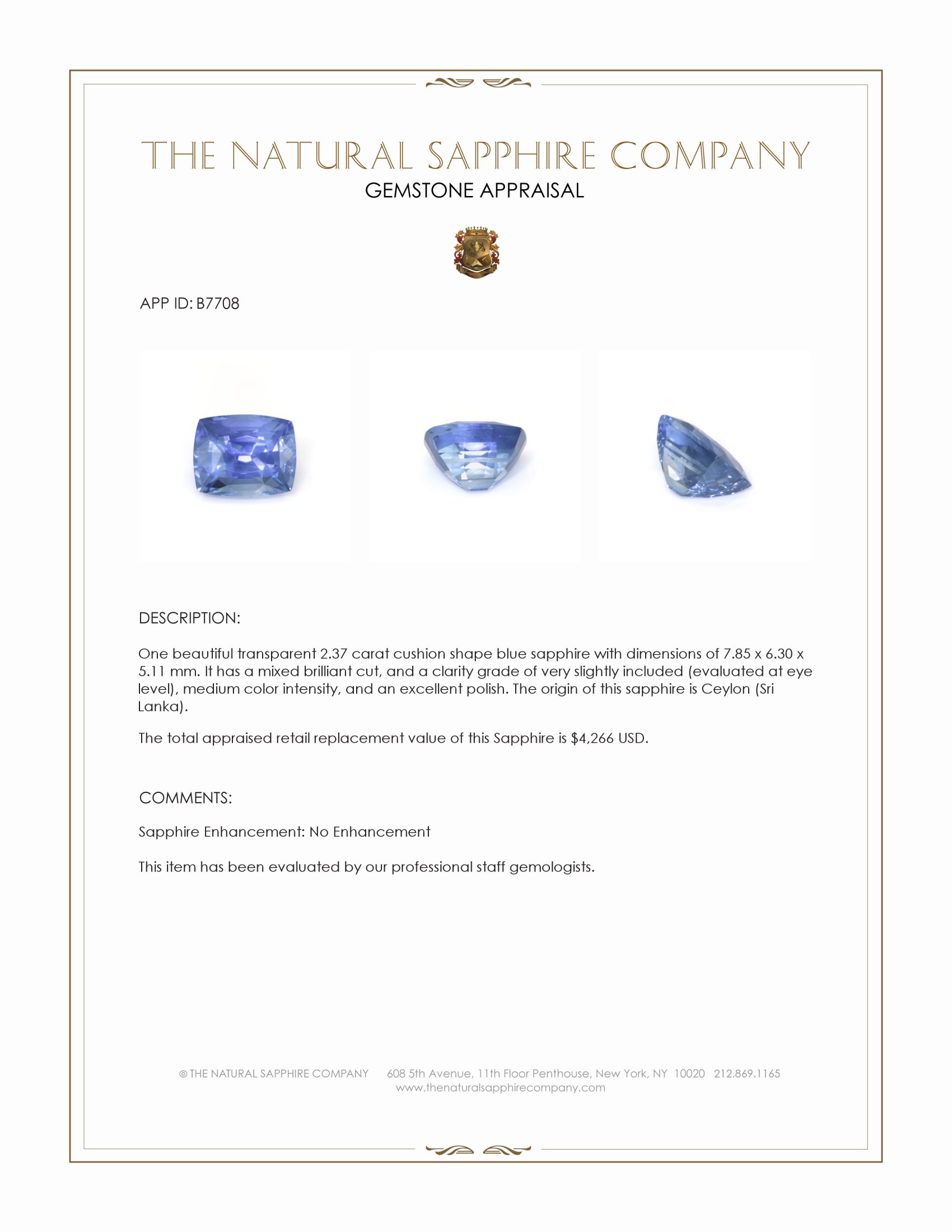 2.37 Ct. Blue Sapphire from Ceylon (Sri Lanka)