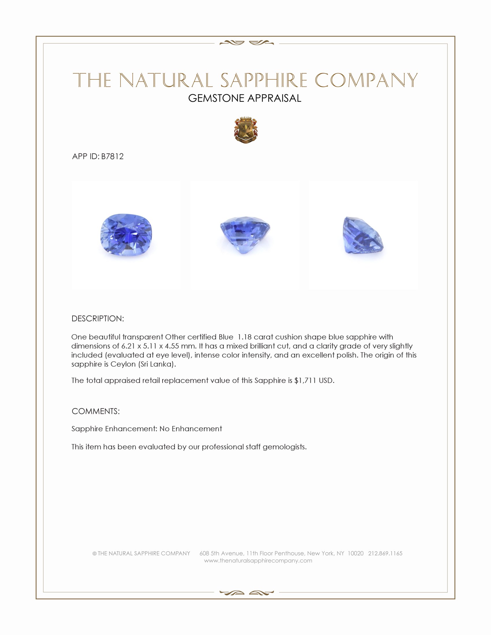 1.18 Ct. Blue Sapphire from Ceylon (Sri Lanka)