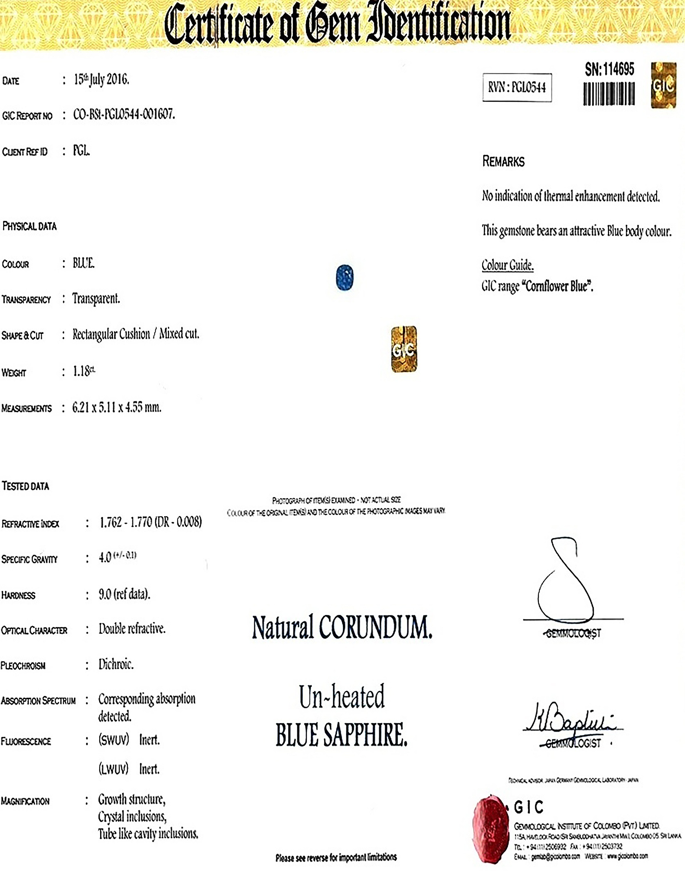 1.18 Ct. Blue Sapphire from Ceylon (Sri Lanka)