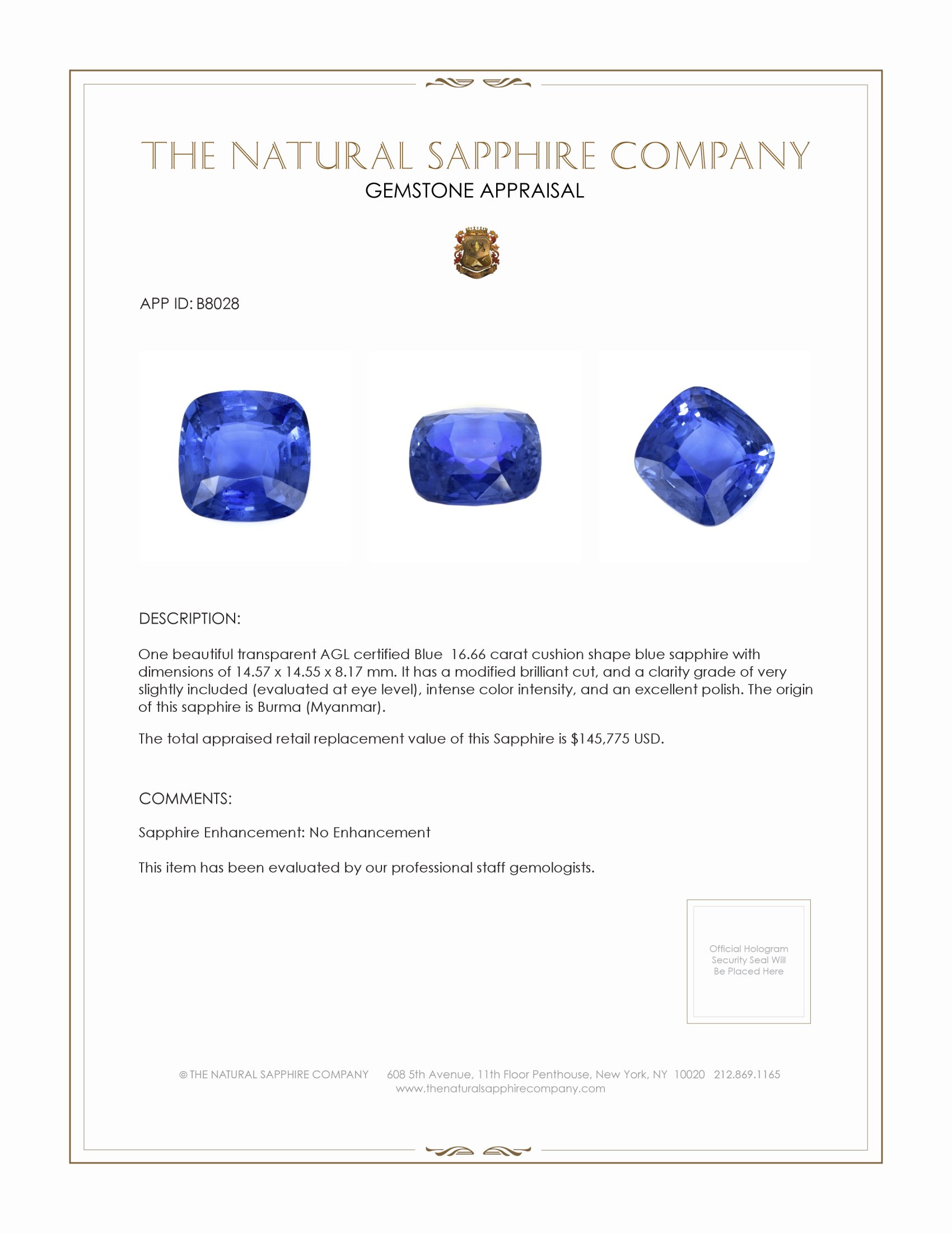 16.66 Ct. Blue Sapphire from Burma (Myanmar)